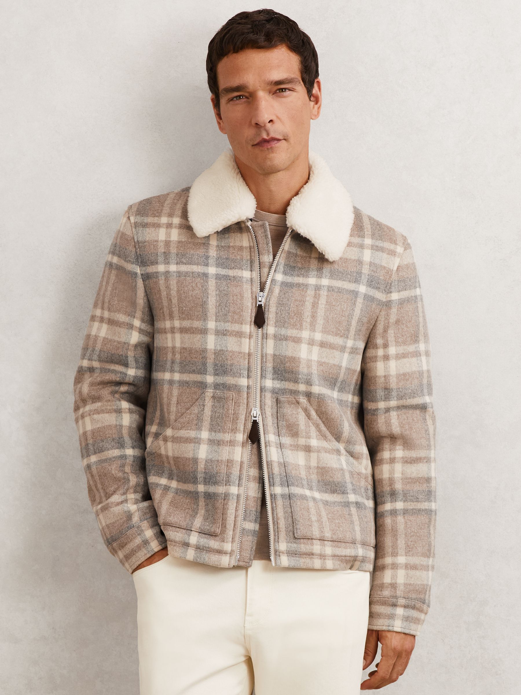 Wool-Blend Check Fleece-Collar Jacket in Oatmeal Brown