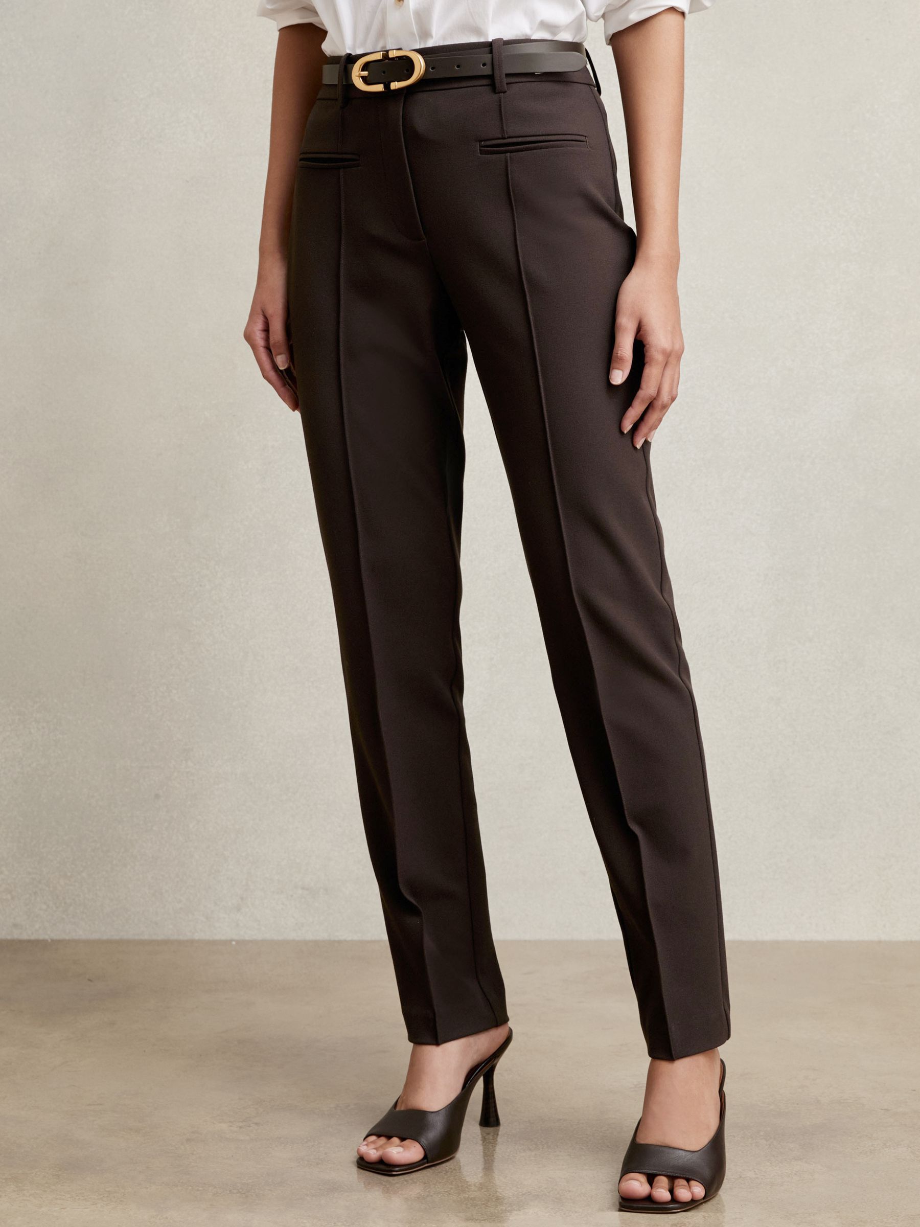 Petite Pintuck Tapered Trousers in Chocolate Brown
