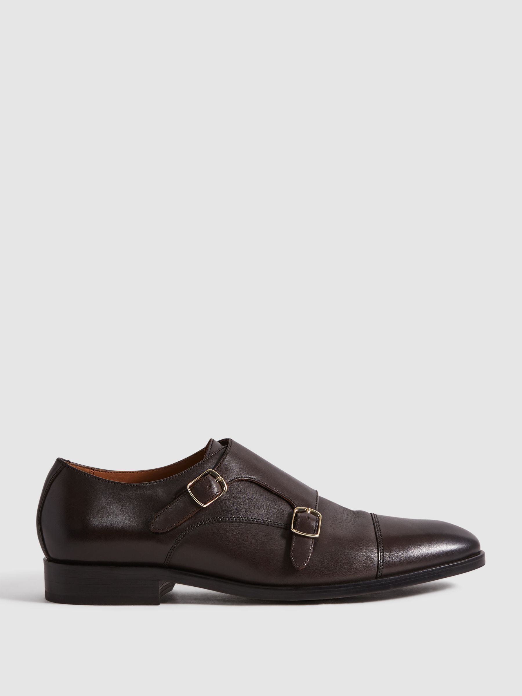 Leather Double Monk Strap Shoes in Dark Brown