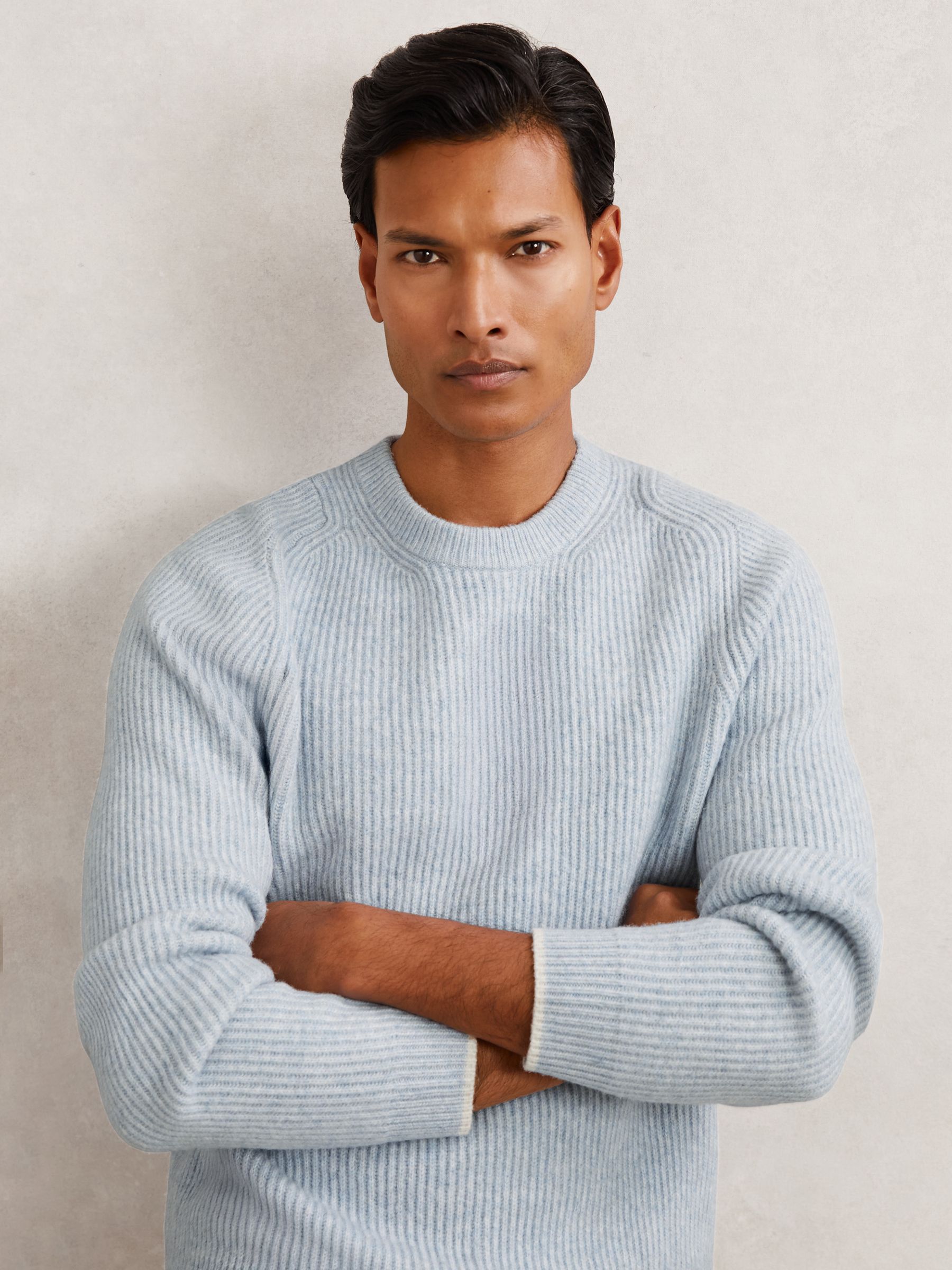 Brushed Rib-Knit Crew-Neck Jumper with Wool in Soft Blue