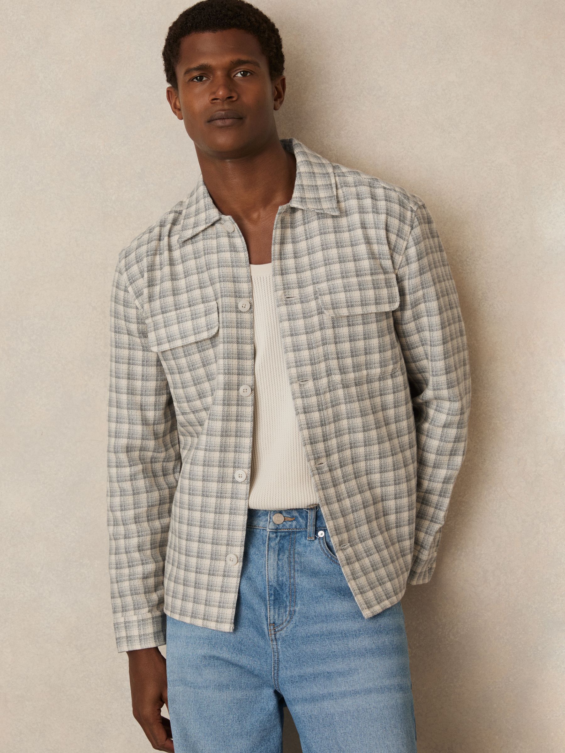 Woven Check Twin Pocket Overshirt in Navy/White
