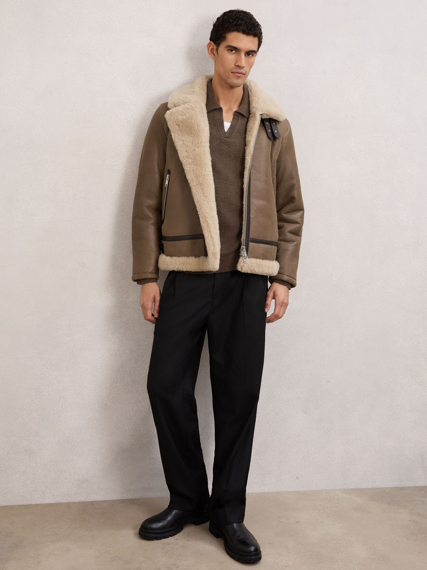 Shearling-Collar Leather Jacket in Light Brown
