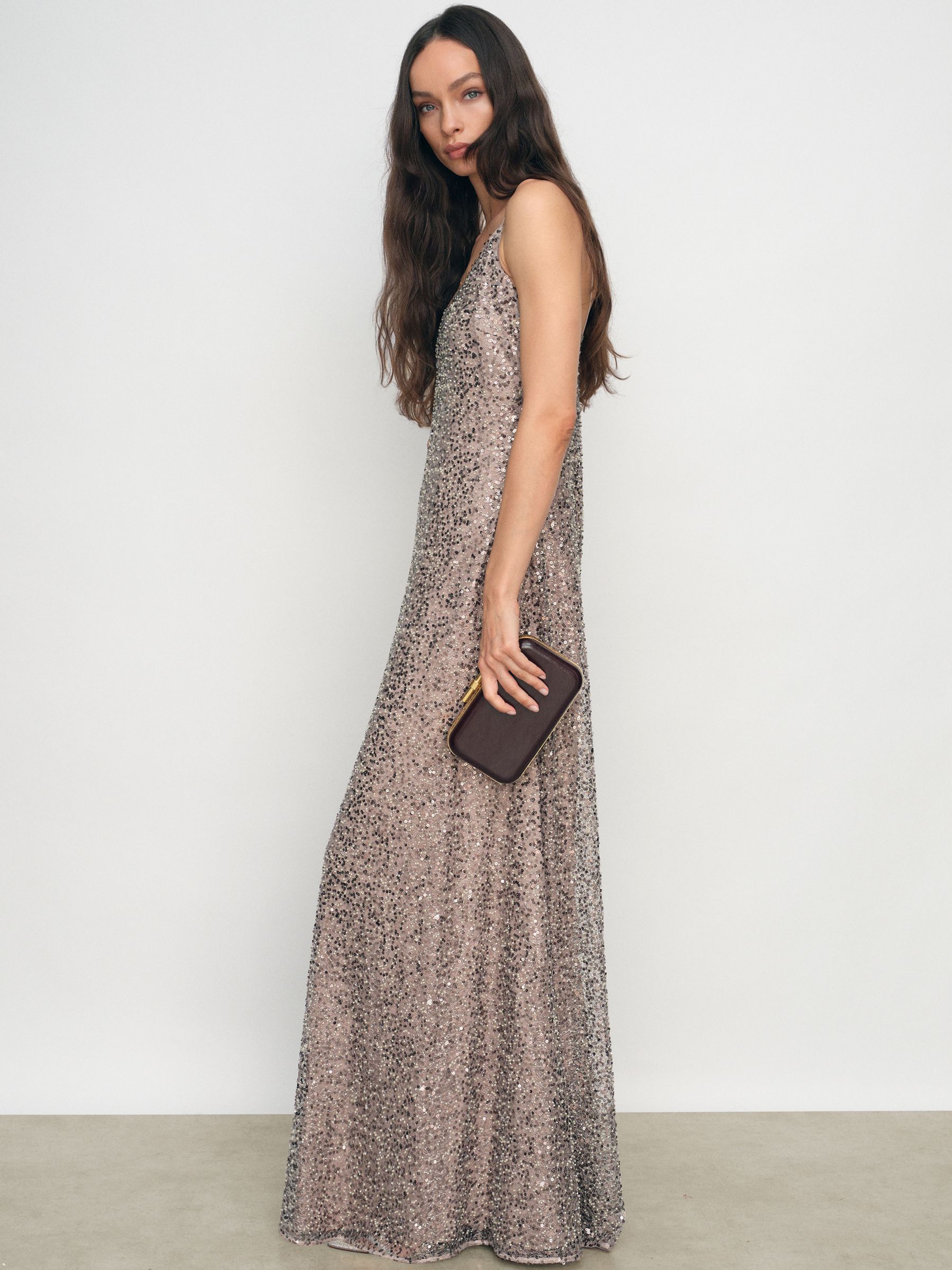 Sequin Maxi Slip Dress in Silver
