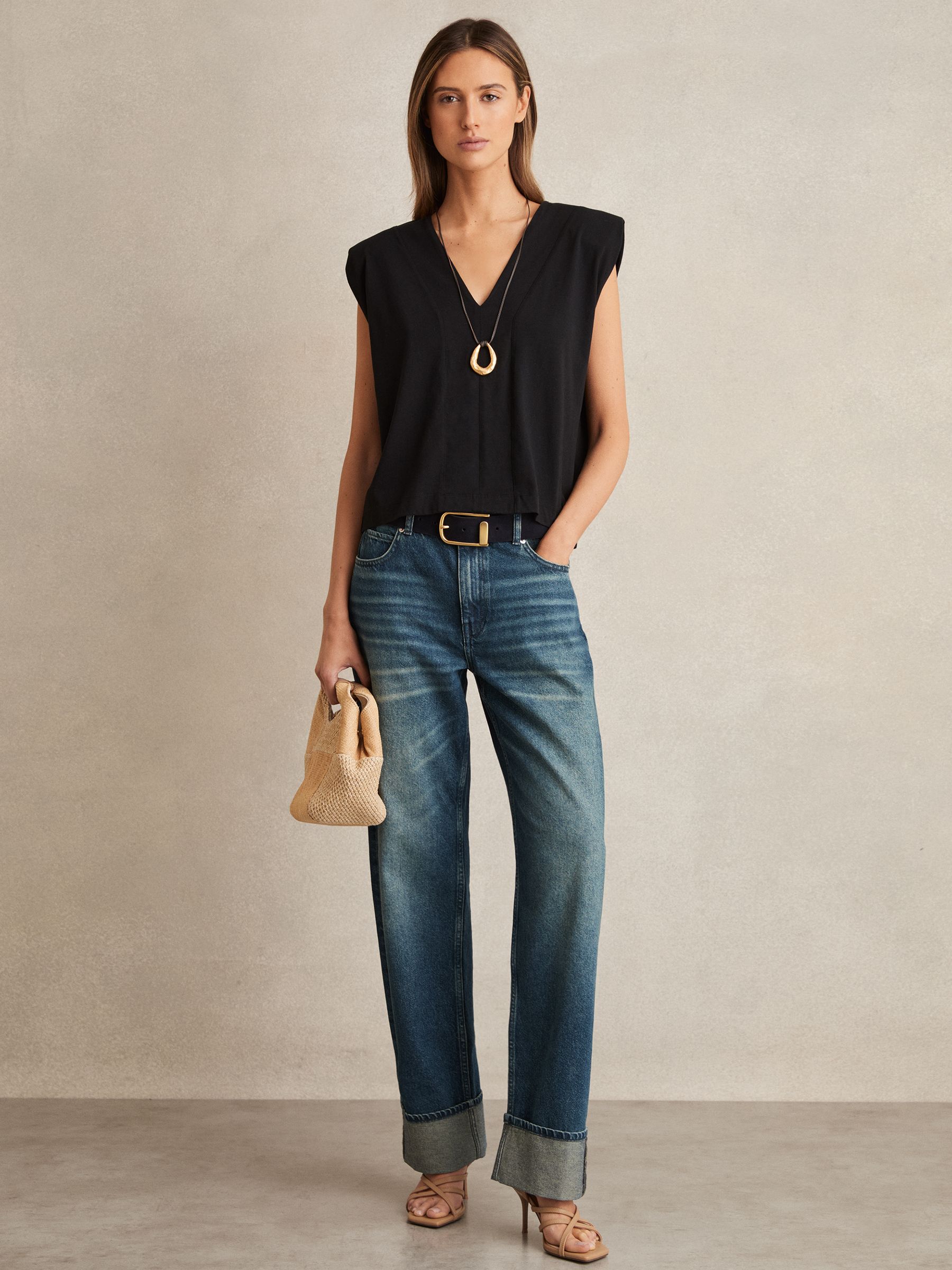 Cotton Shoulder-Pad V-Neck Top in Black