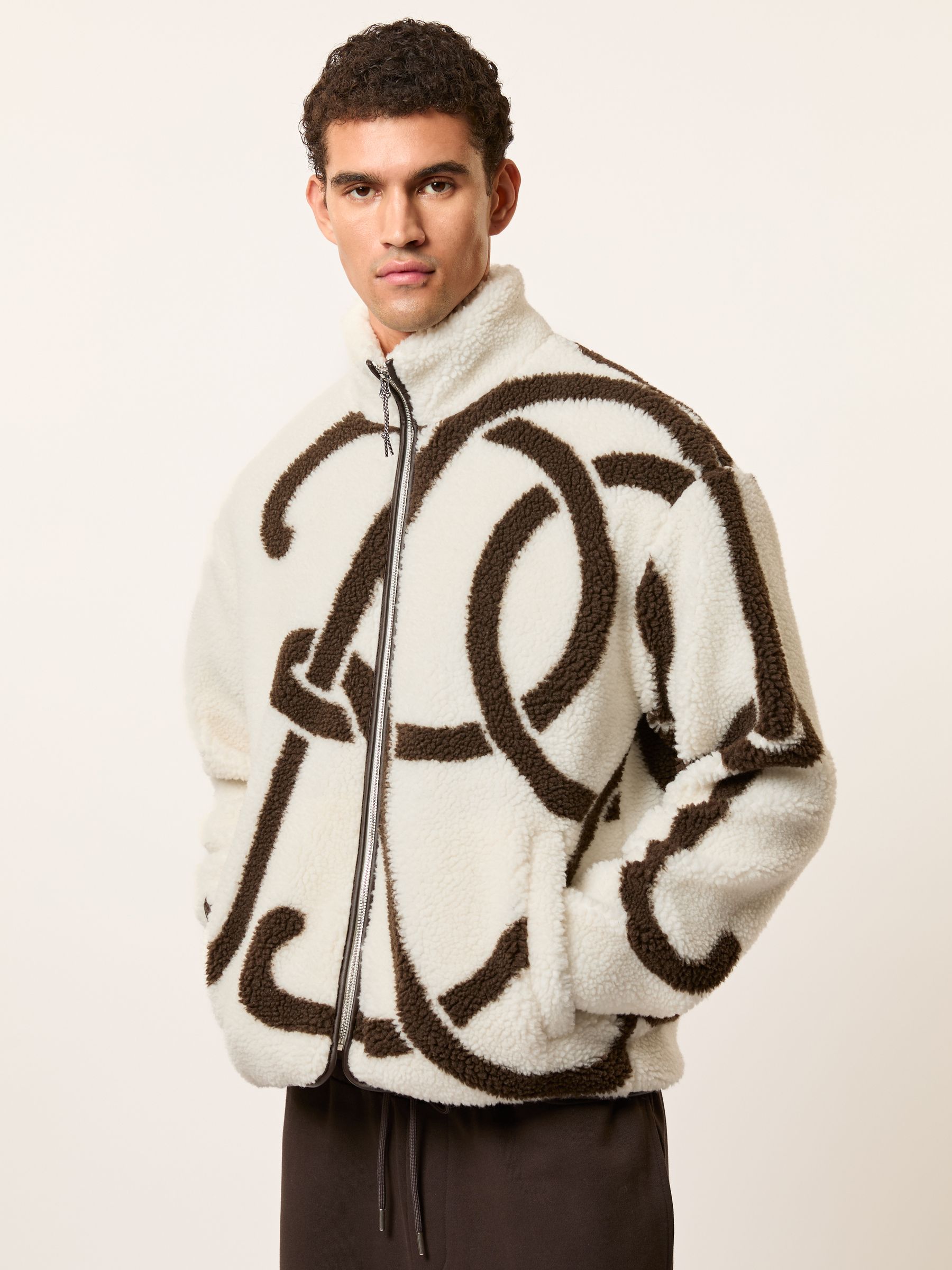 Monogram Motif Relaxed Fleece Jacket in White/Brown