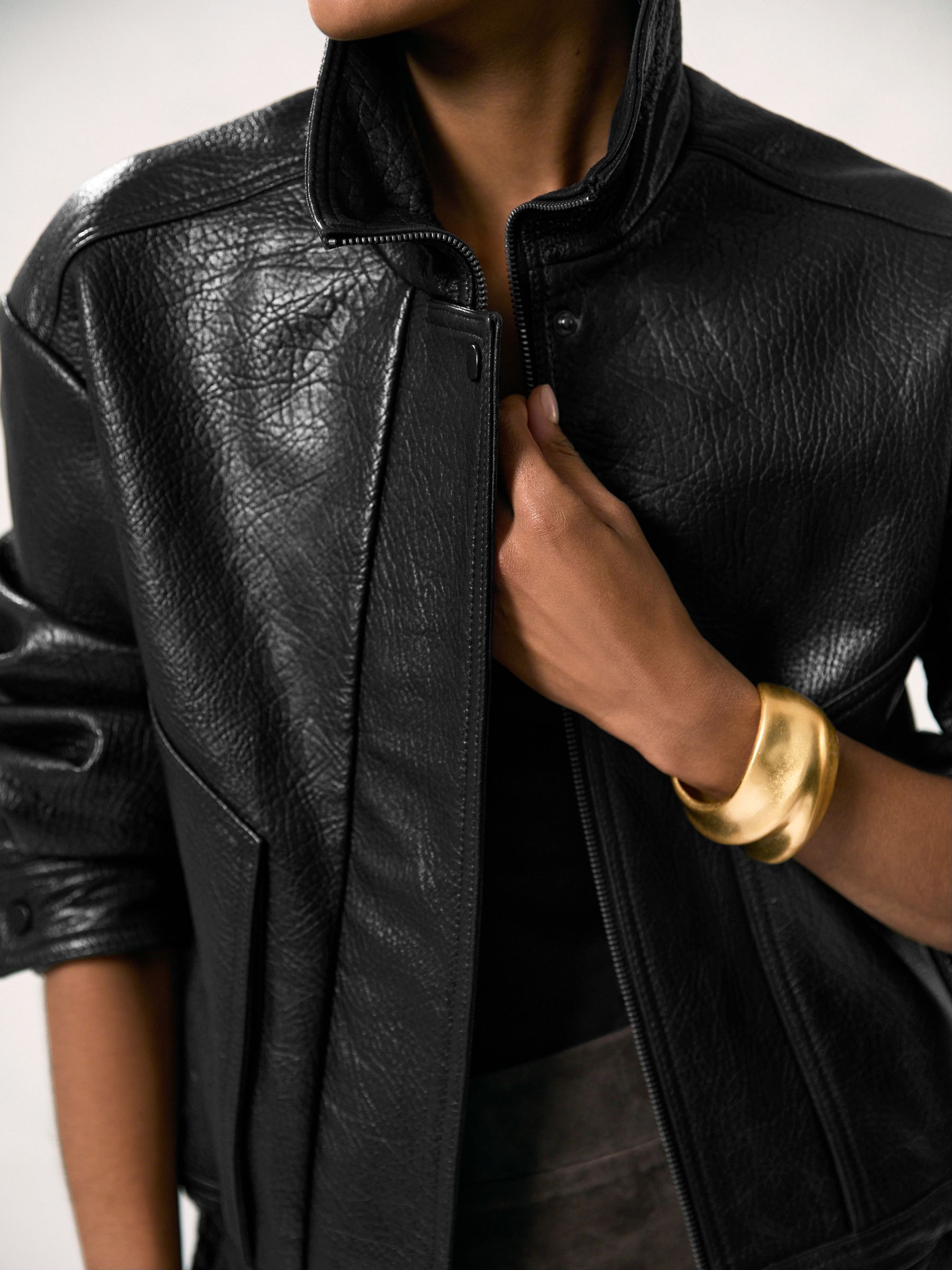 Oversize Grained-Leather Bomber Jacket in Black