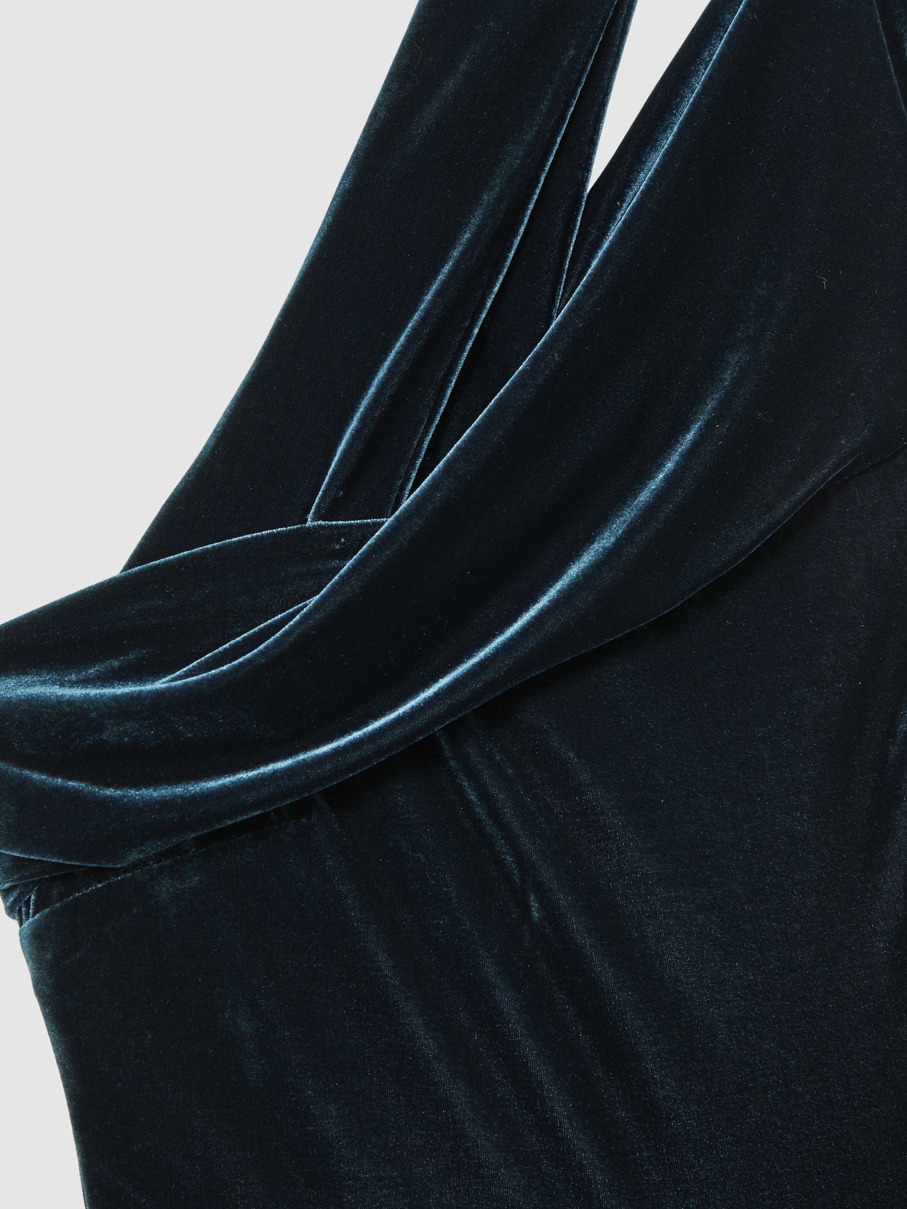 Velvet One-Shoulder Wide-Leg Jumpsuit in Teal Green