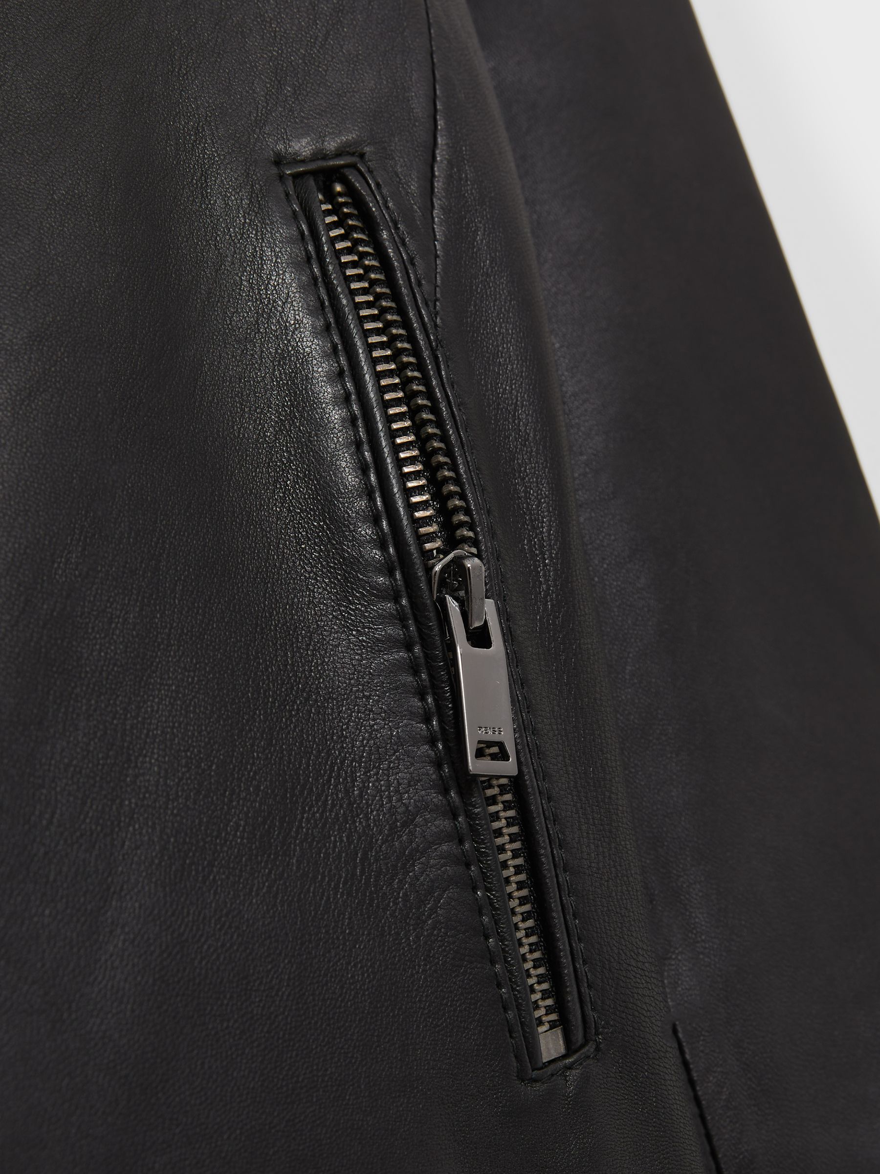 Leather Collarless Biker Jacket in Black