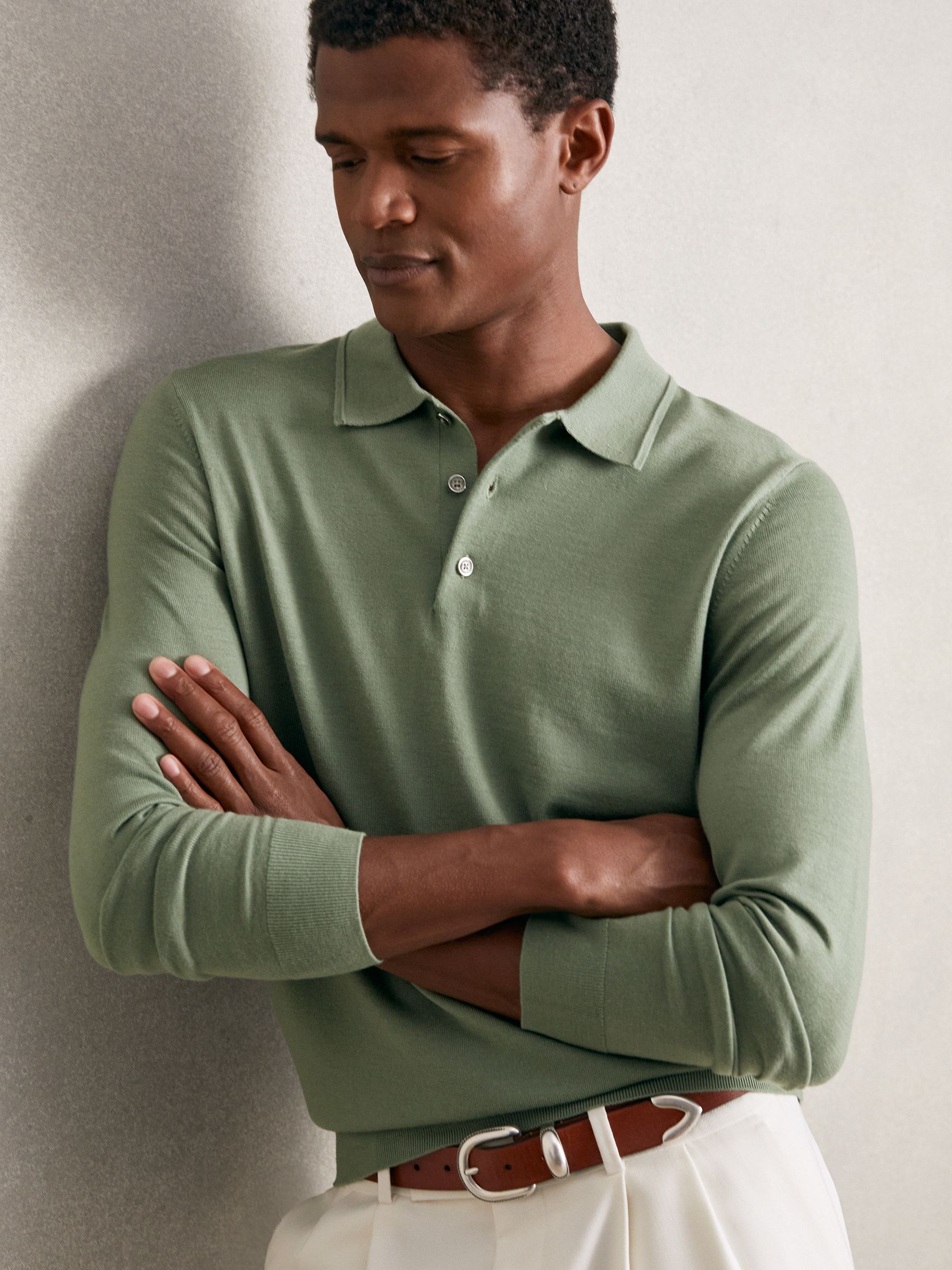 Merino Wool Long-Sleeve Polo Shirt in Harper Green