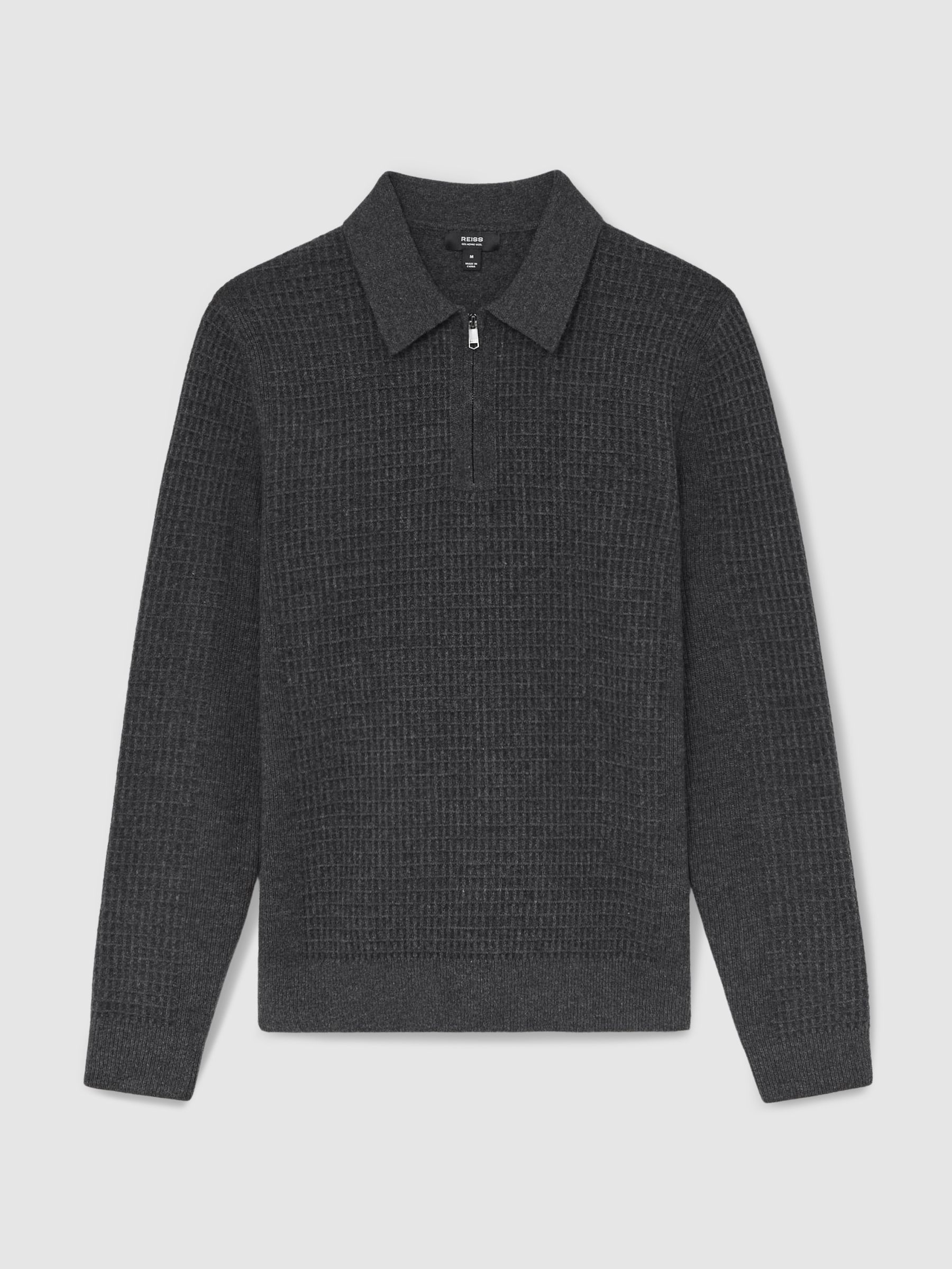 Wool Waffle-Knit Half-Zip Polo Shirt in Charcoal Grey