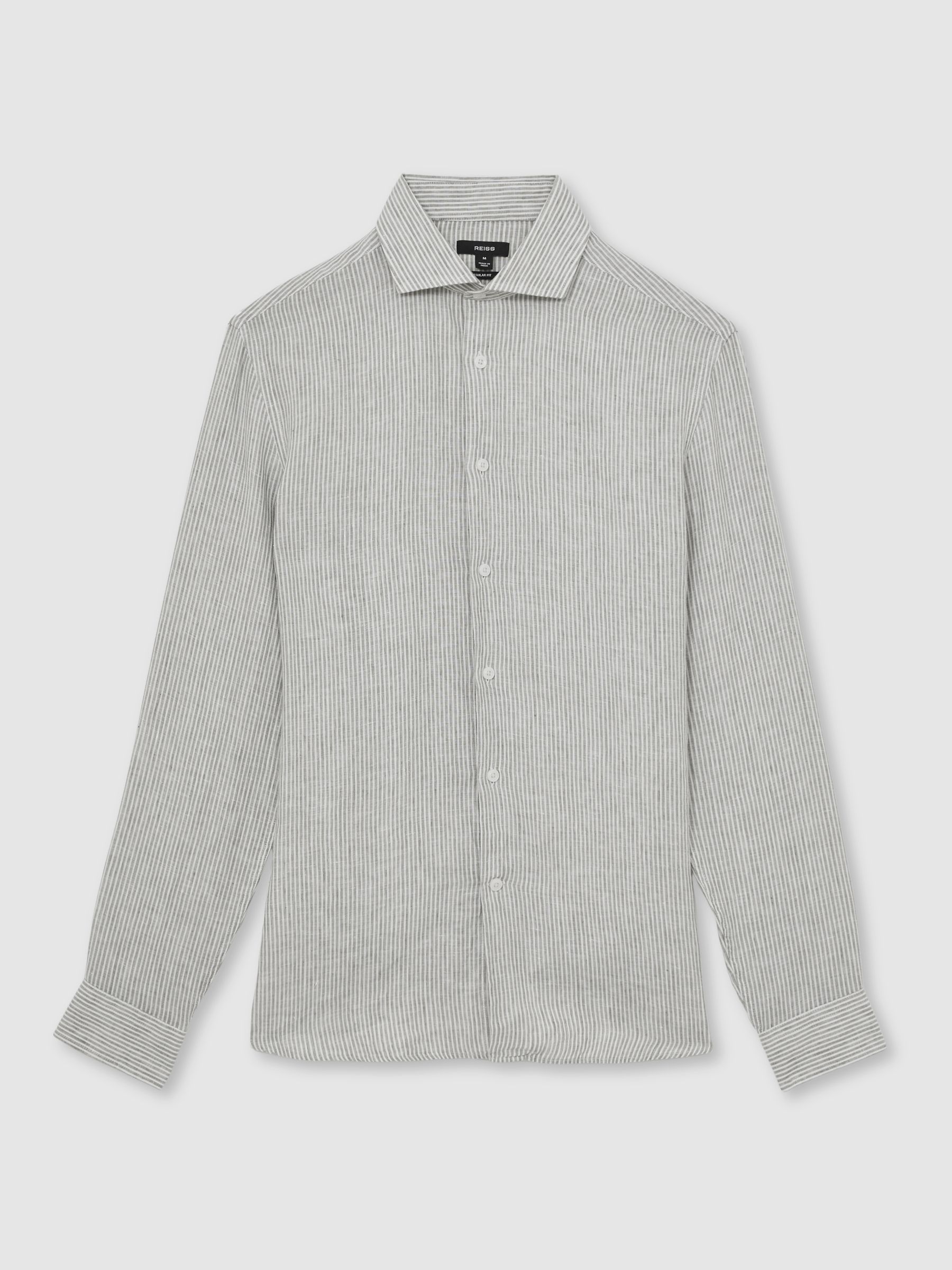 Linen Stripe Long-Sleeve Shirt in White/Thyme Green