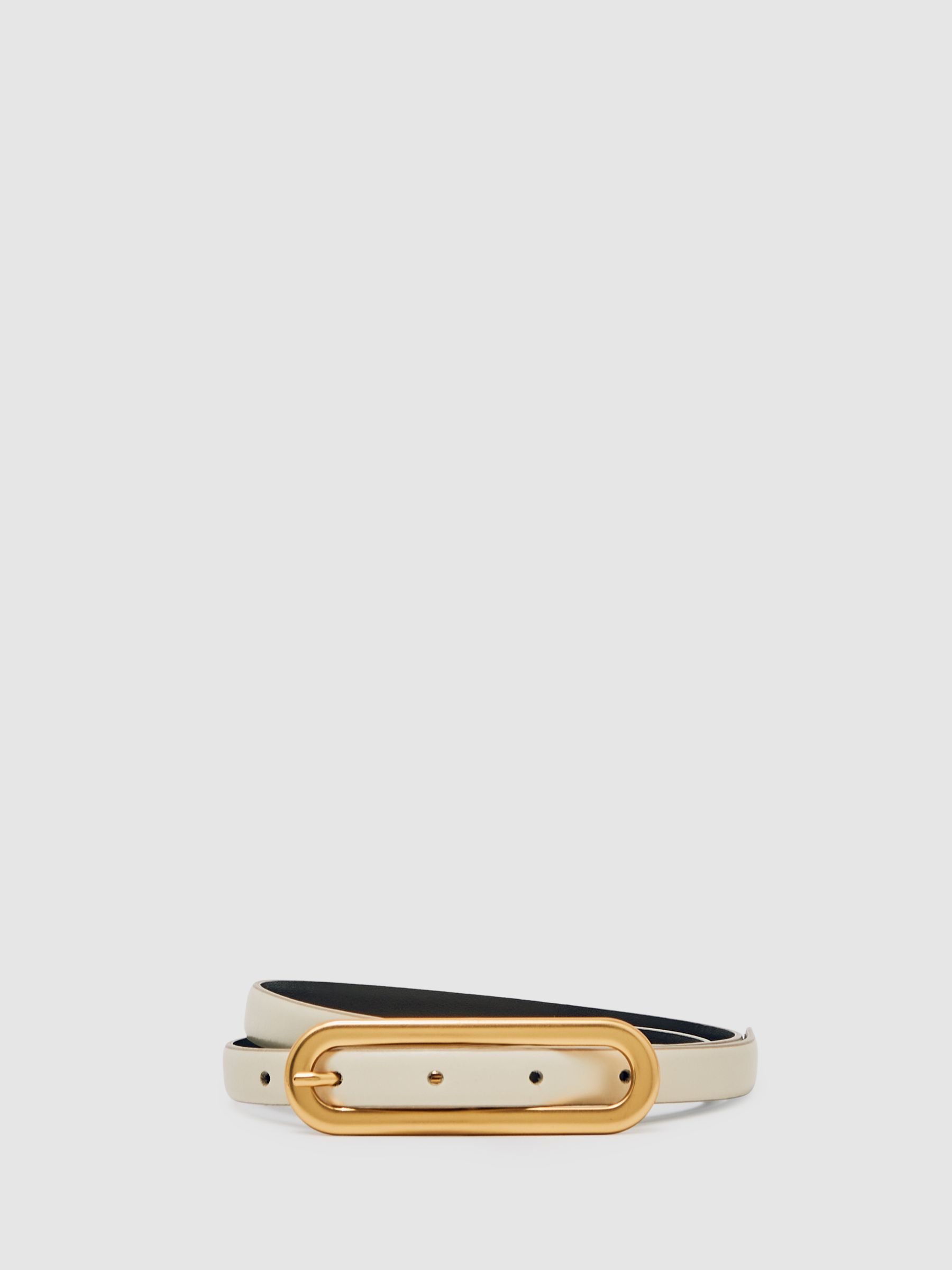 Thin Leather Elongated Buckle Belt in Off White
