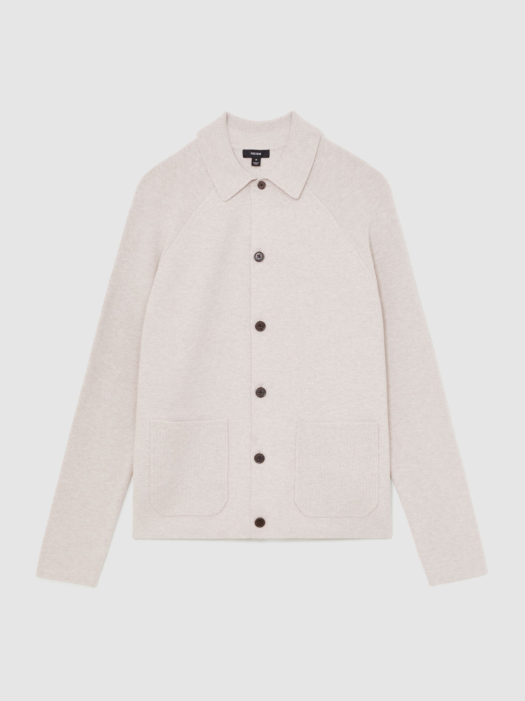 Button-Through Ribbed-Sleeve Cardigan in Oatmeal Brown