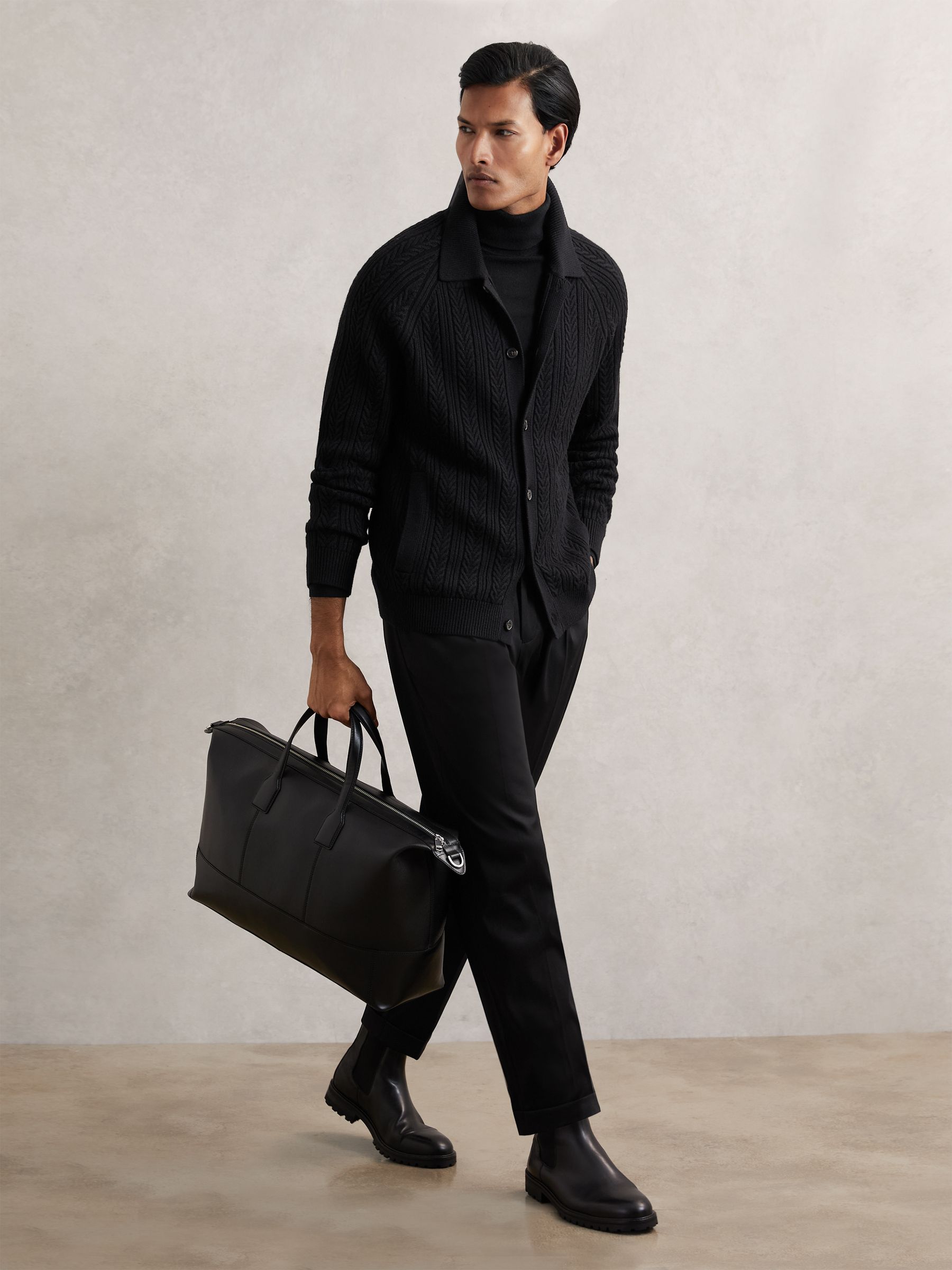 Cable-Knit Cardigan With Wool in Black