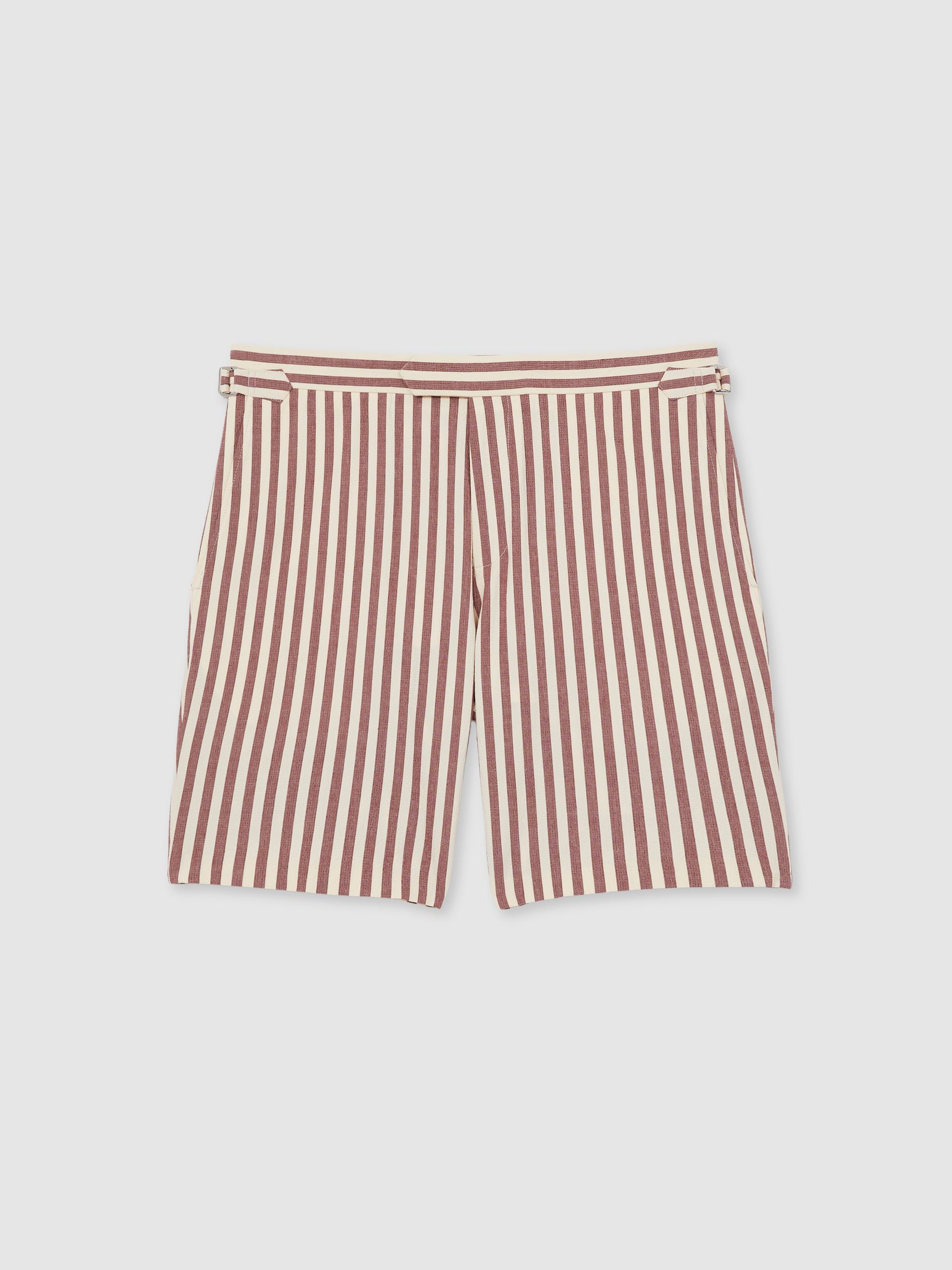Cotton Blend Seersucker Stripe Shorts in Off White/Mocha
