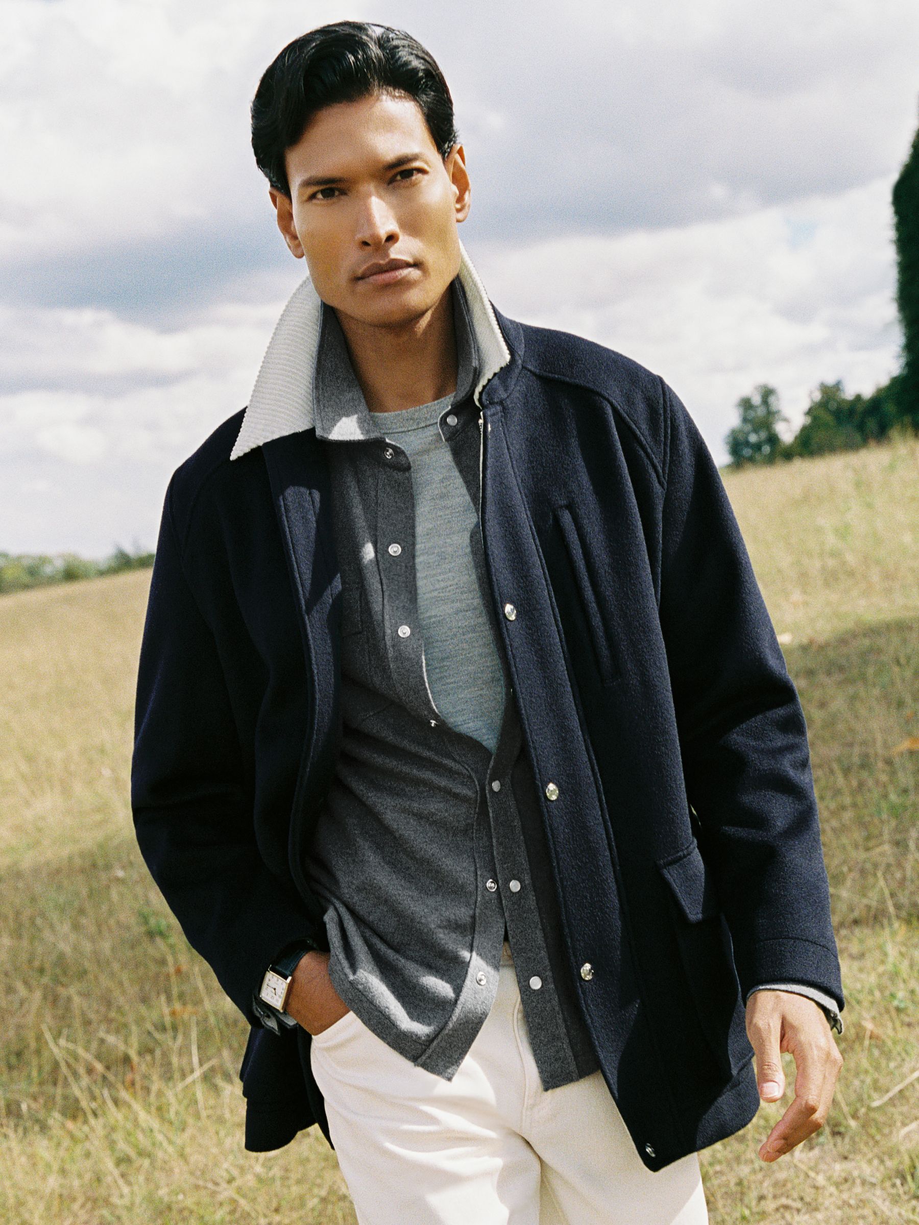 Wool-Blend Cord-Collar Worker Jacket in Navy