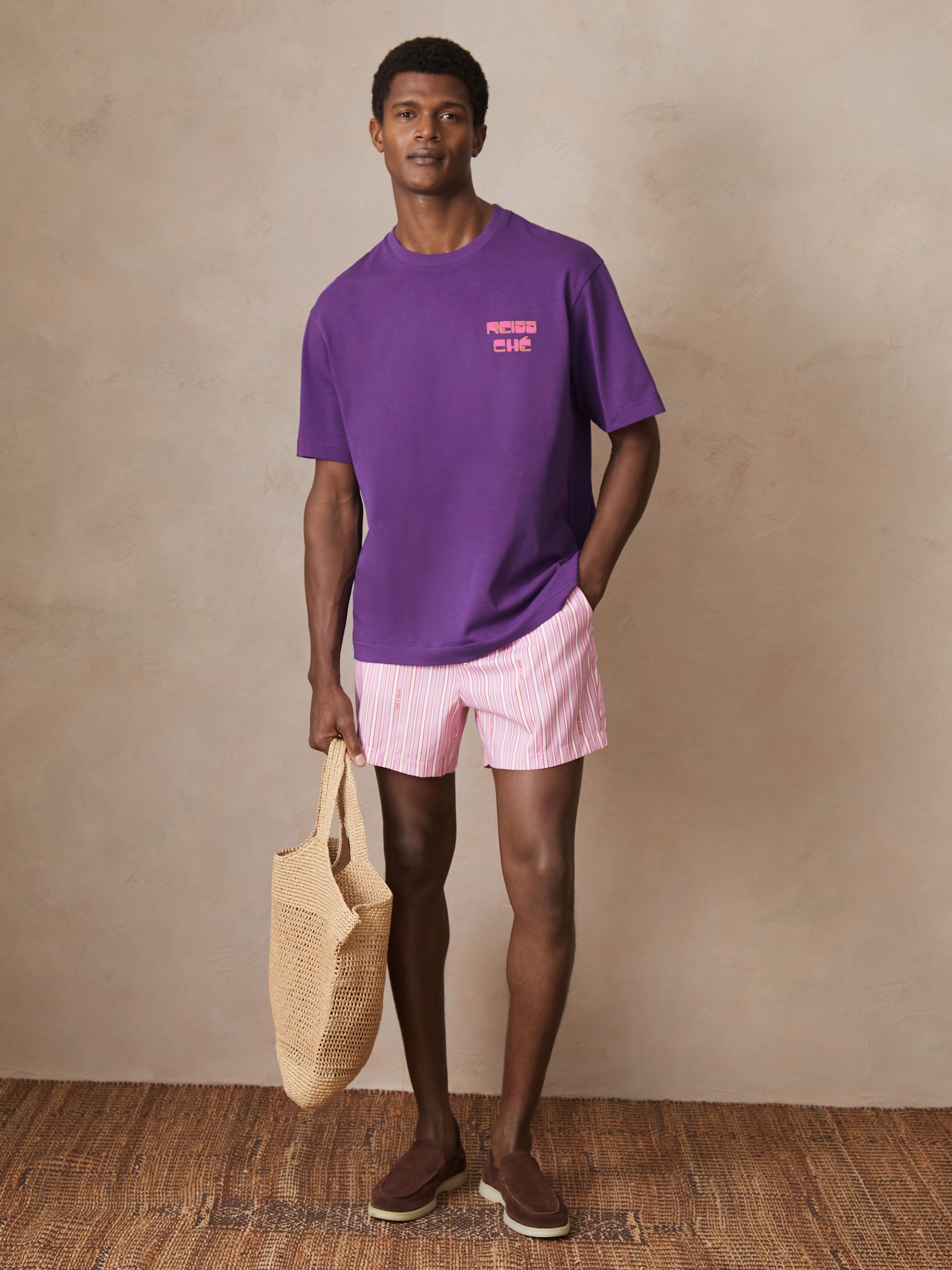 Reiss | Ché Cotton Palm-Print T-Shirt in Purple