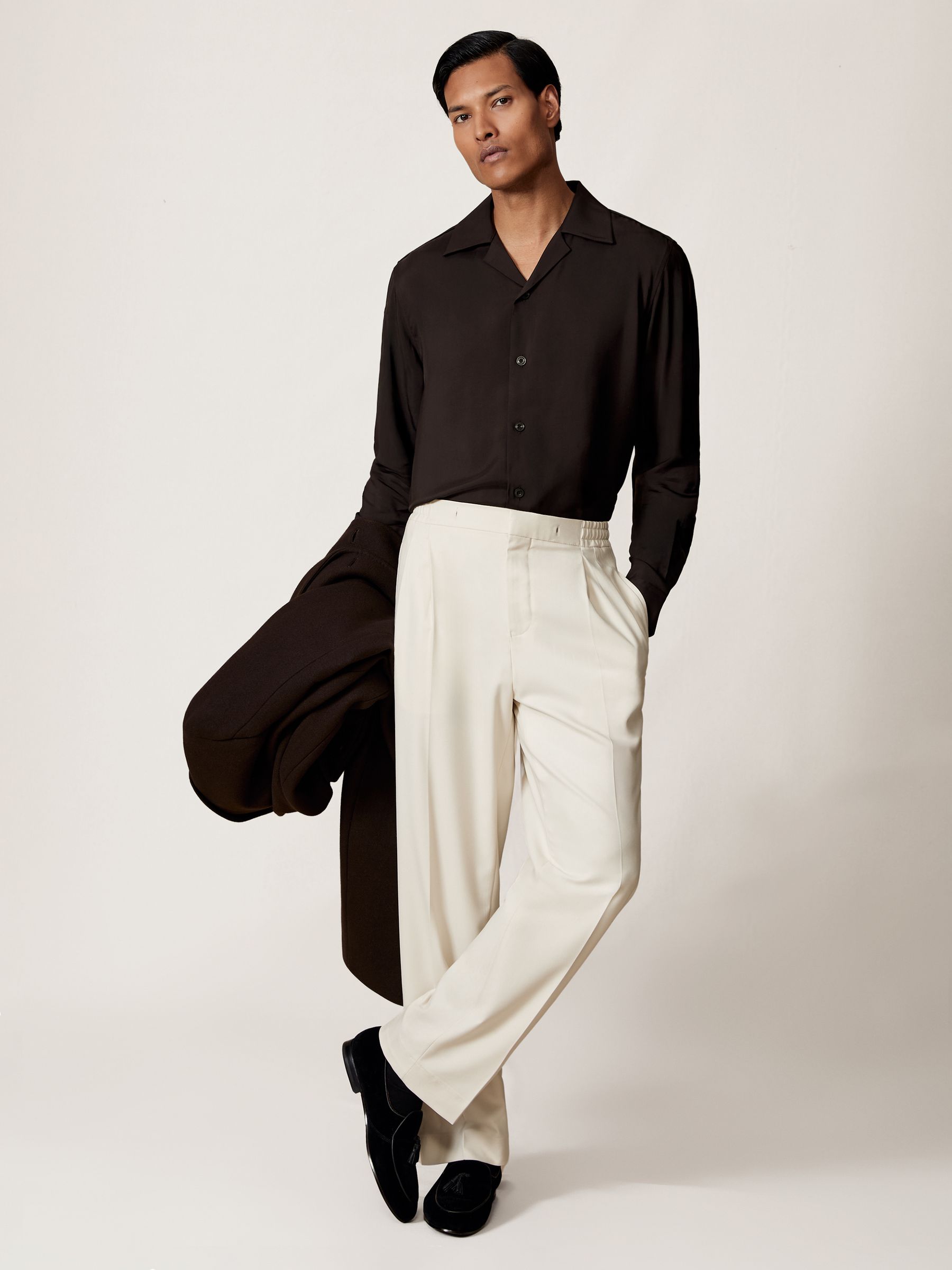 Twill Piped Cuban-Collar Shirt in Chocolate Brown