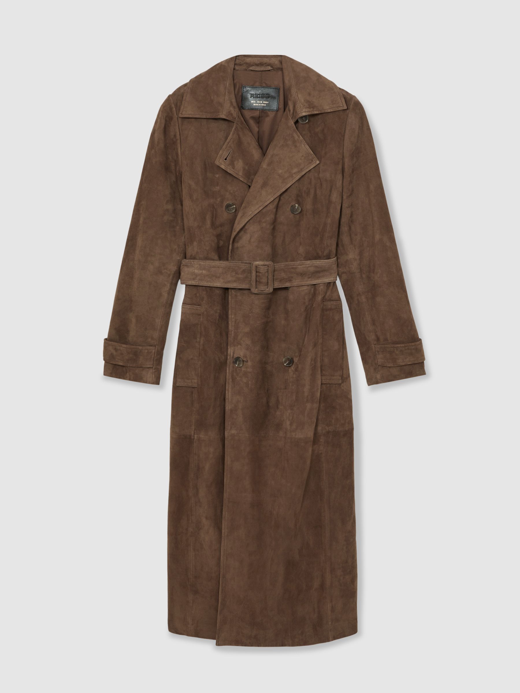 Suede Belted Trench Coat in Taupe Neutral