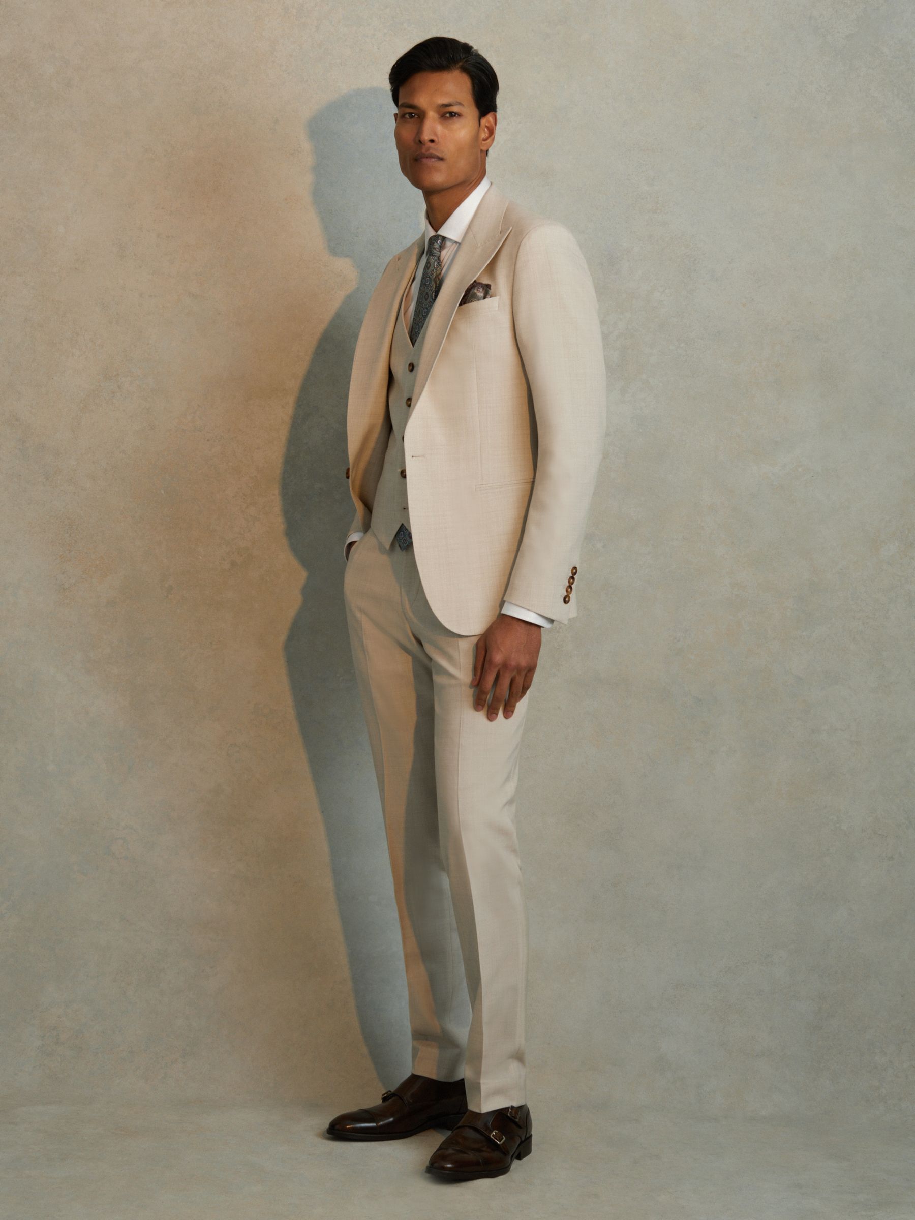 Slim Fit Single Breasted Waistcoat in Stone