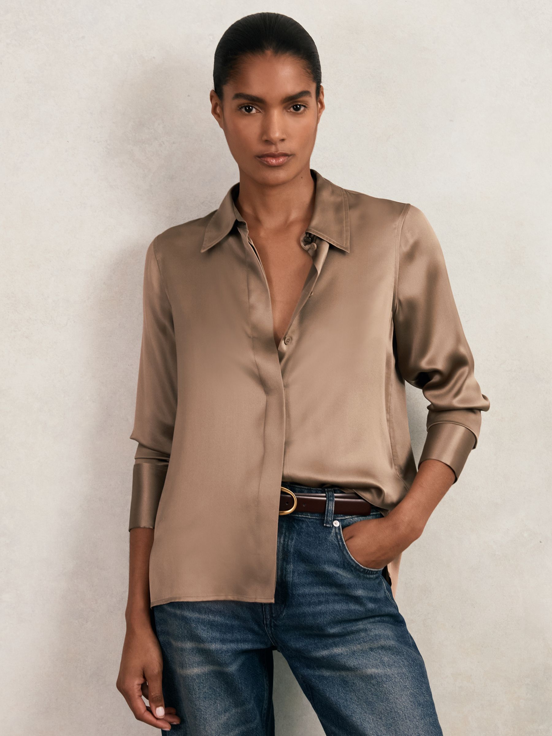Silk-Satin Concealed-Placket Shirt in Taupe Brown