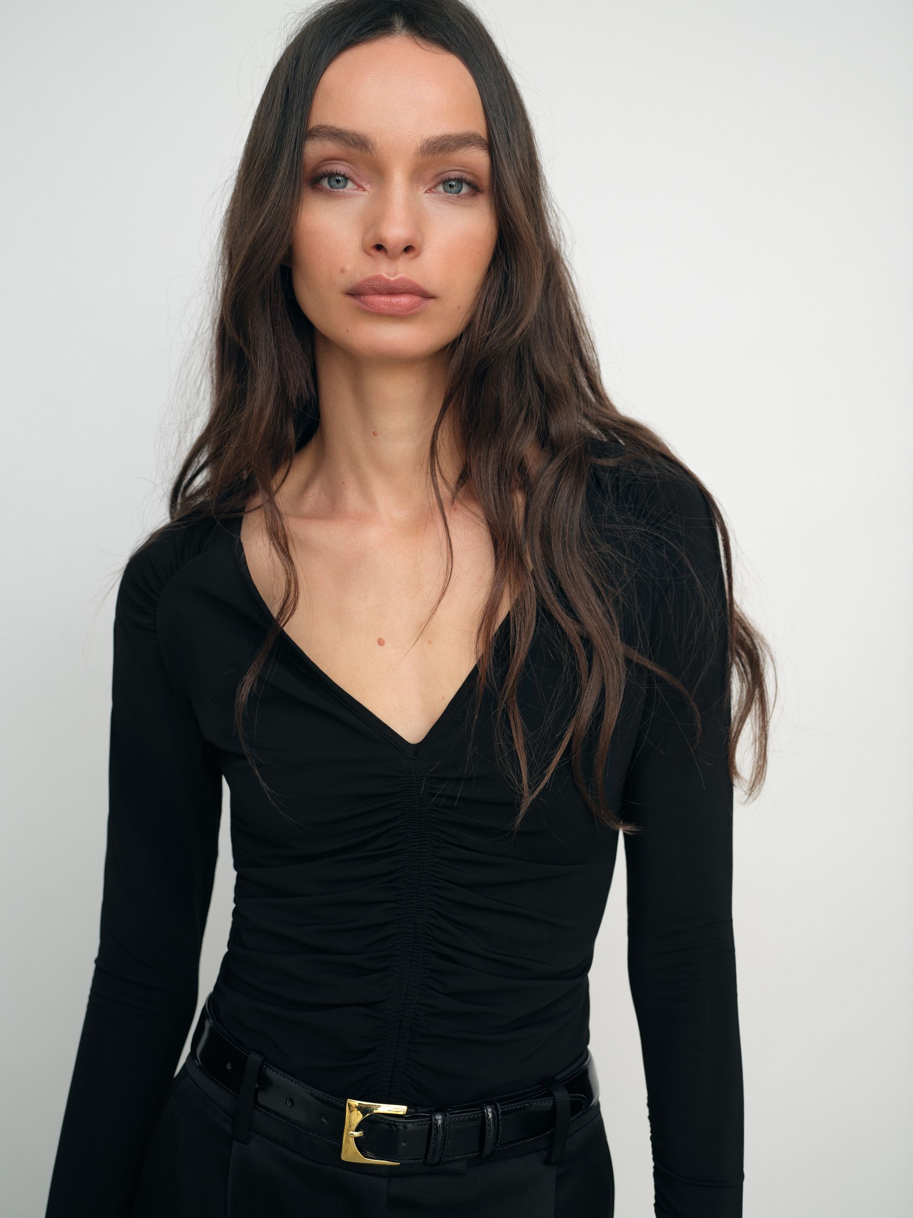 Ruched Mesh V-Neck Top in Black