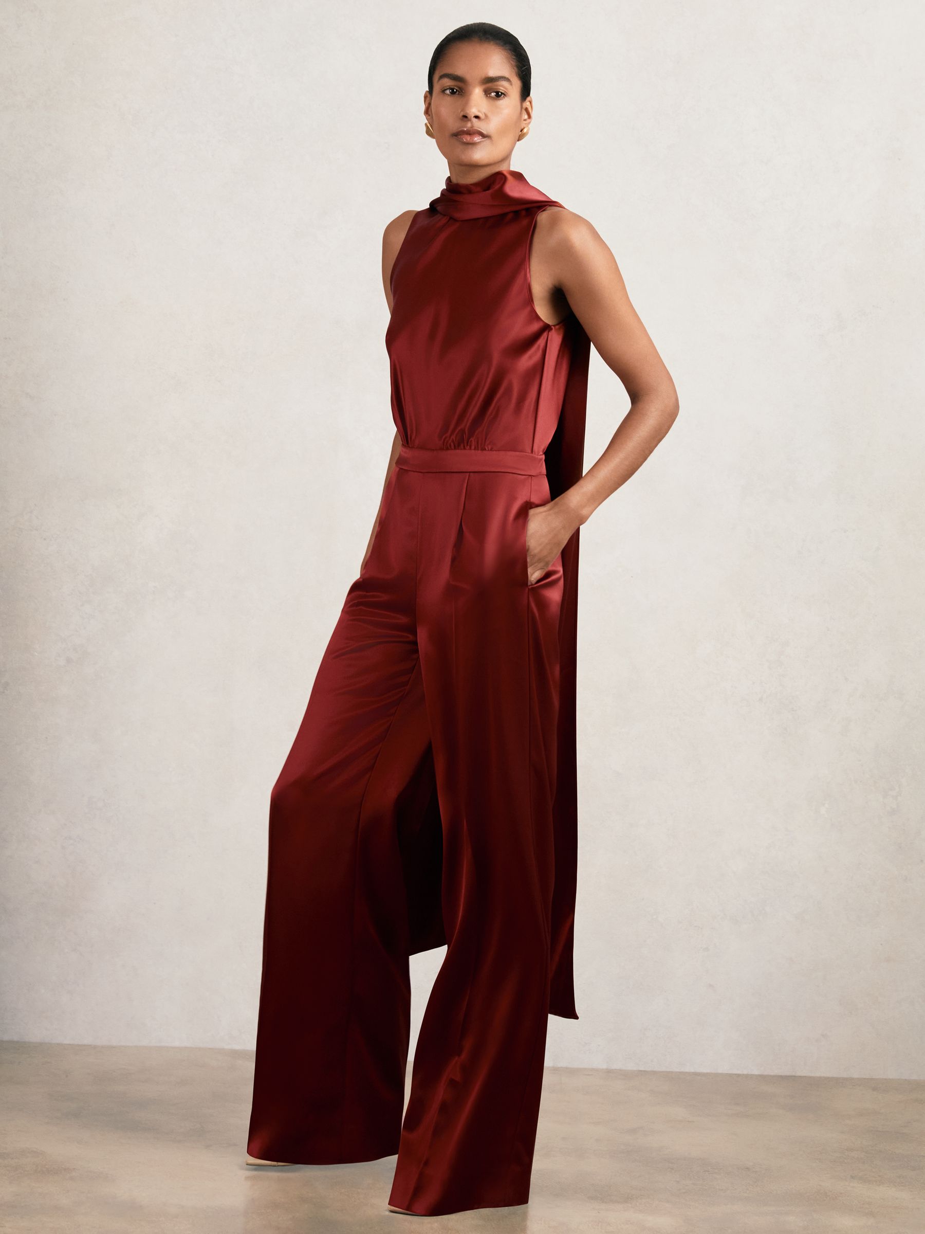 Petite Satin Cape-Sash Jumpsuit in Dark Red