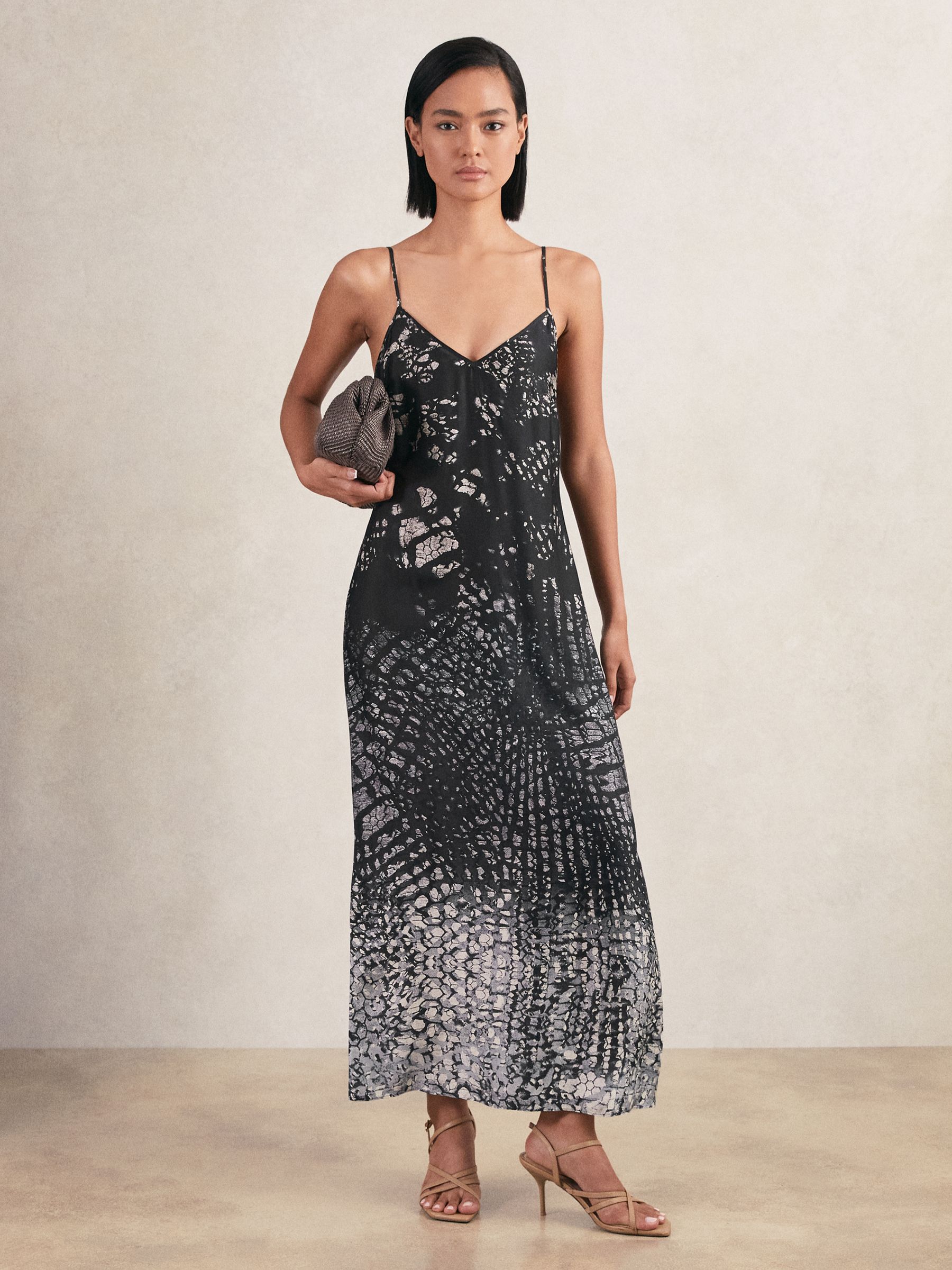 Printed Maxi Slip Dress in Navy