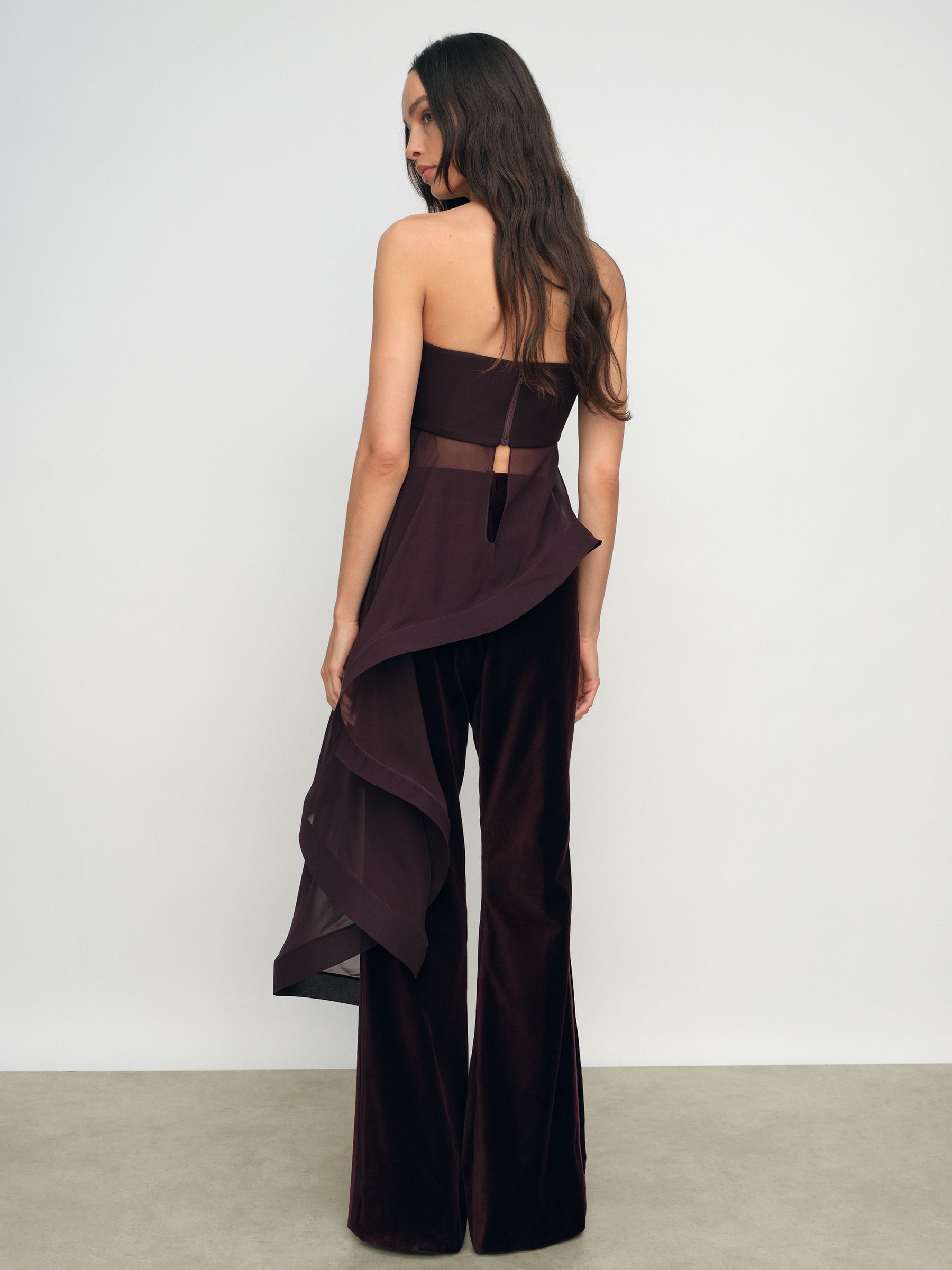 Silk Asymmetric-Ruffle Bandeau Top in Burgundy