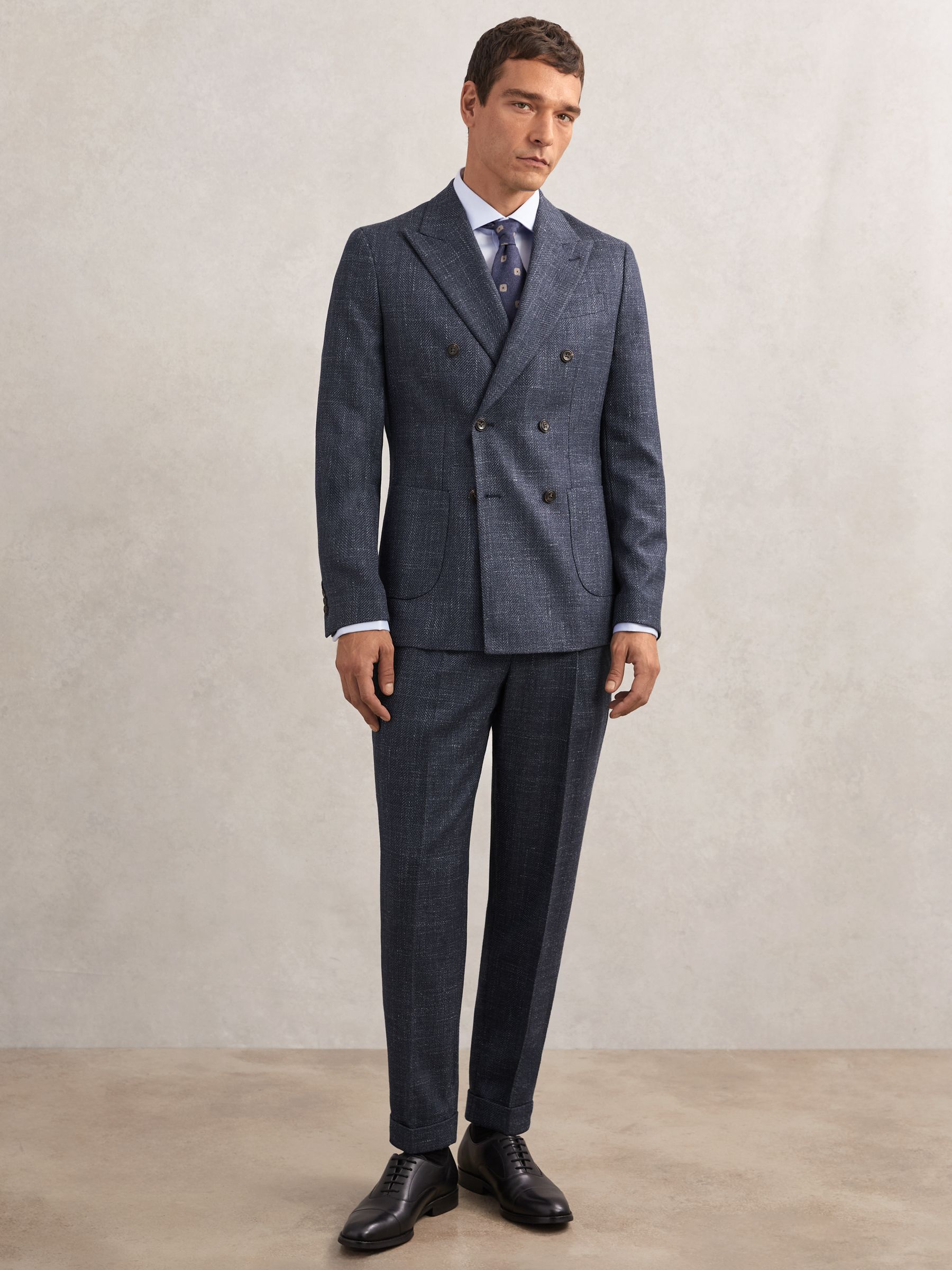 Double-Breasted Herringbone Blazer Slim-Fit Wool-Blend in Navy