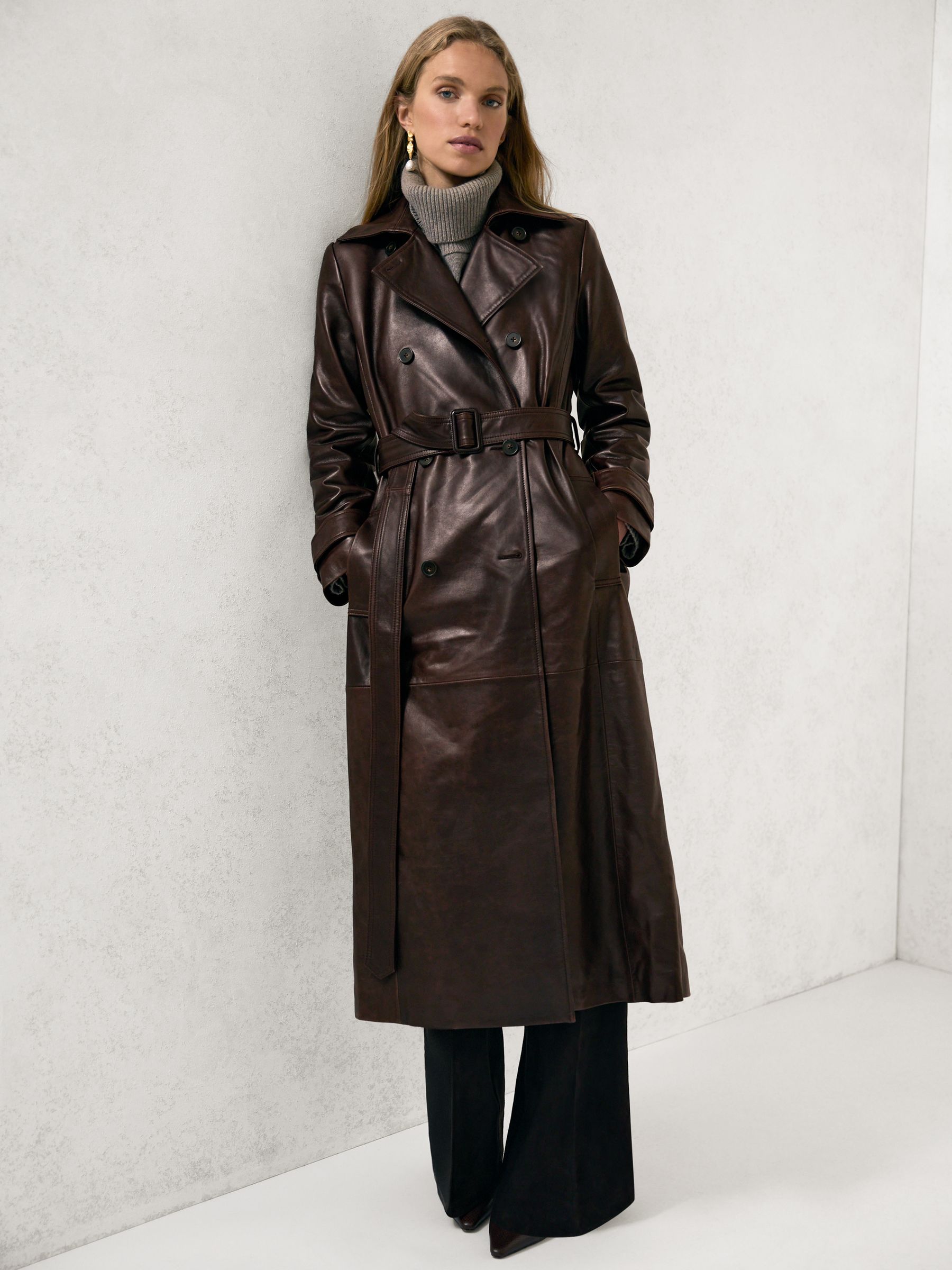 Leather Double-Breasted Trench Coat in Tan