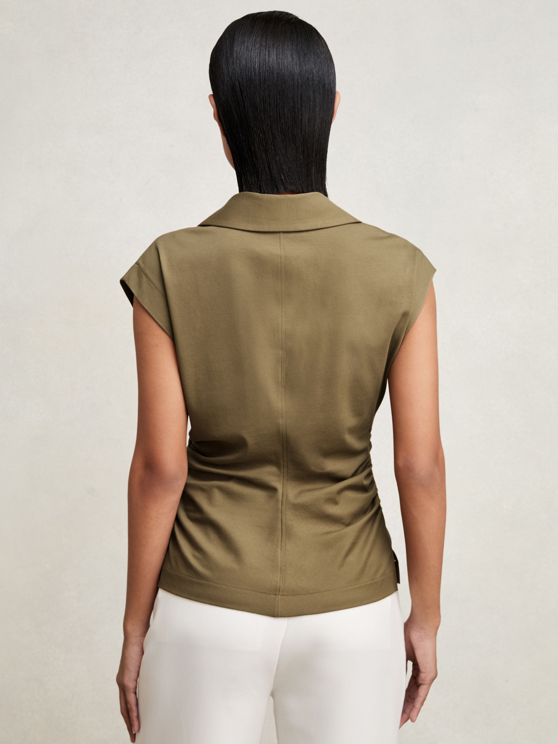 Stretch-Cotton Wrap-Front Collar Top in Khaki Green
