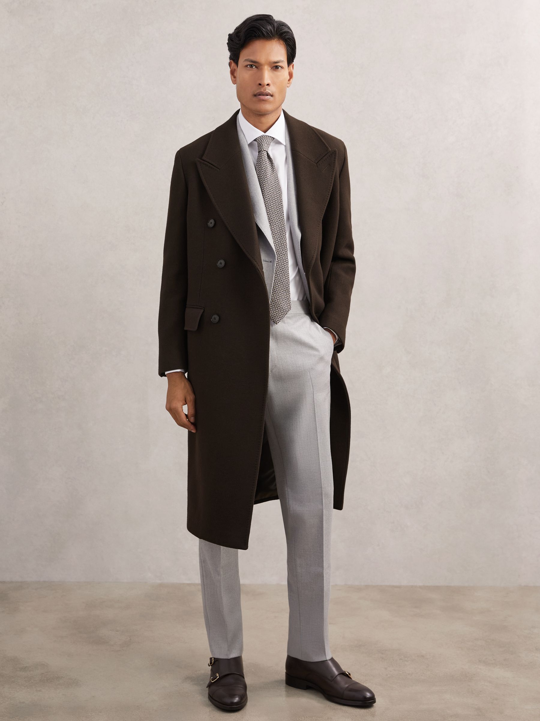 Wool-Blend Double-Breasted Overcoat in Chocolate Brown