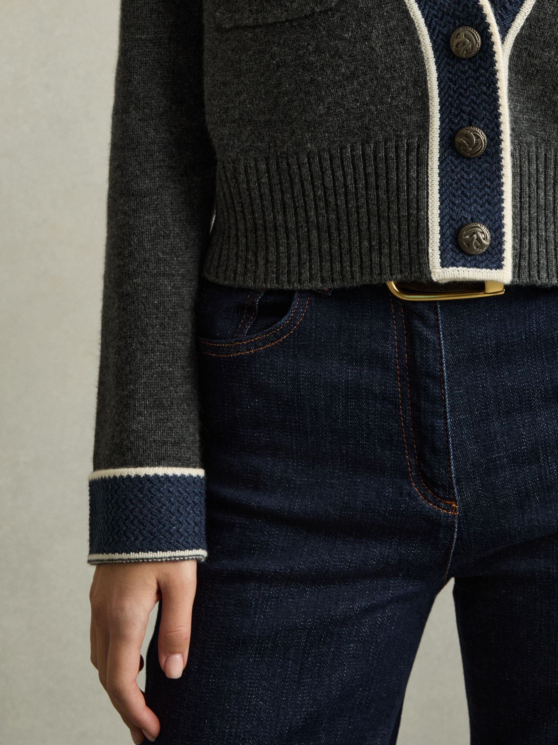 Wool-Cashmere Tipped V-Neck Cardigan in Charcoal