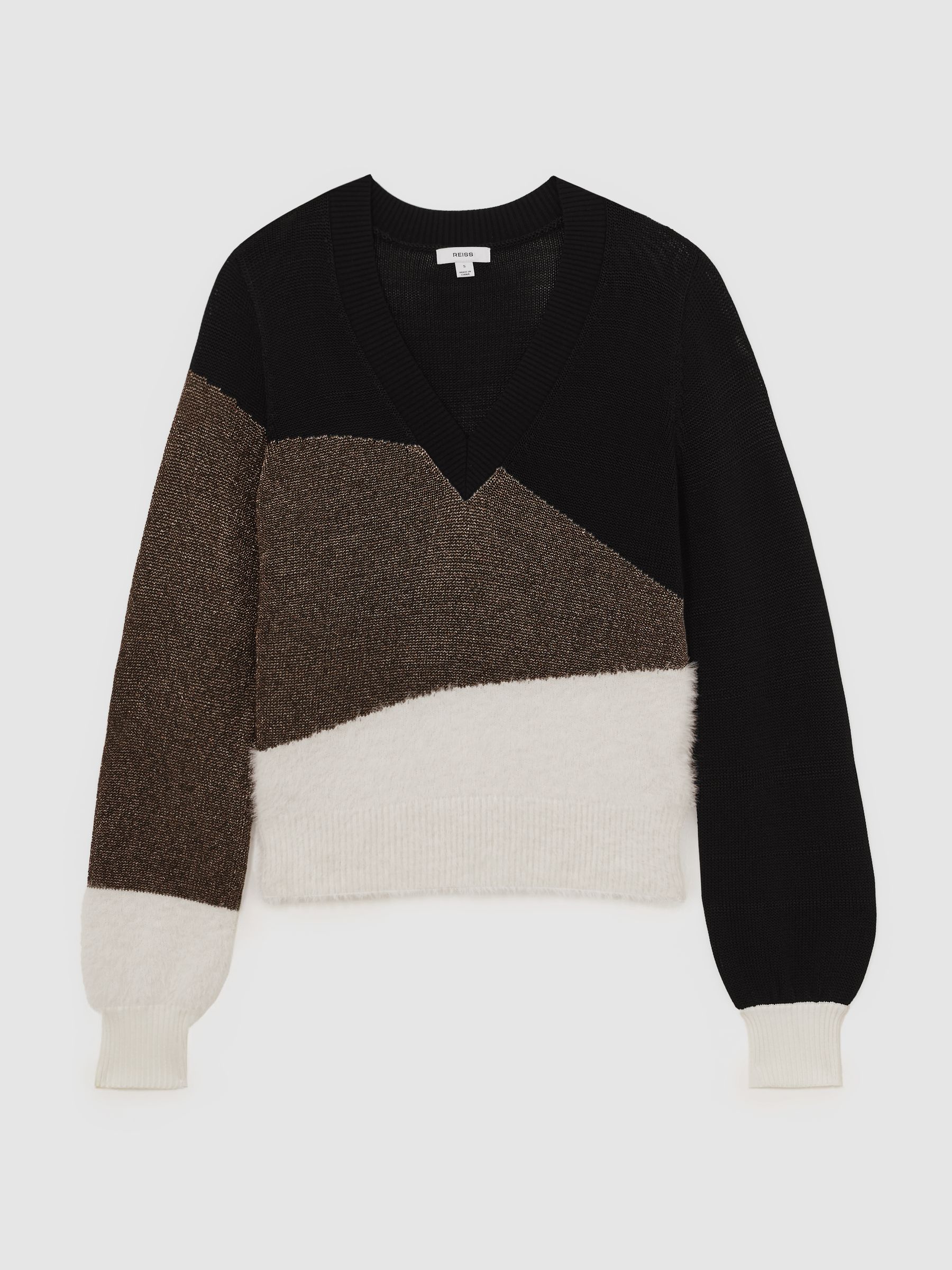 Metallic-Knit Panelled V-Neck Jumper in Black/White/Metallic