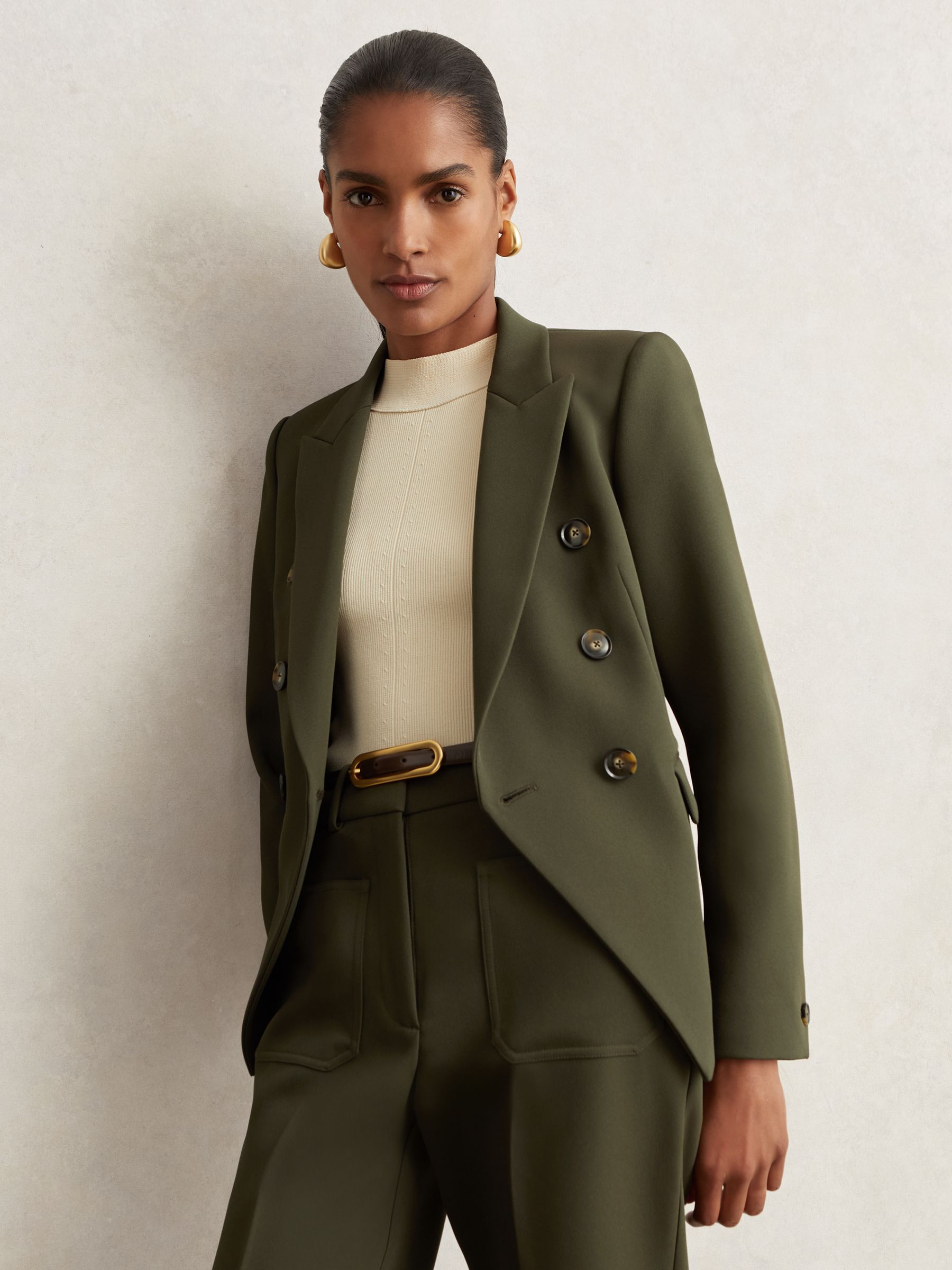 Petite Twill Double-Breasted Blazer in Green