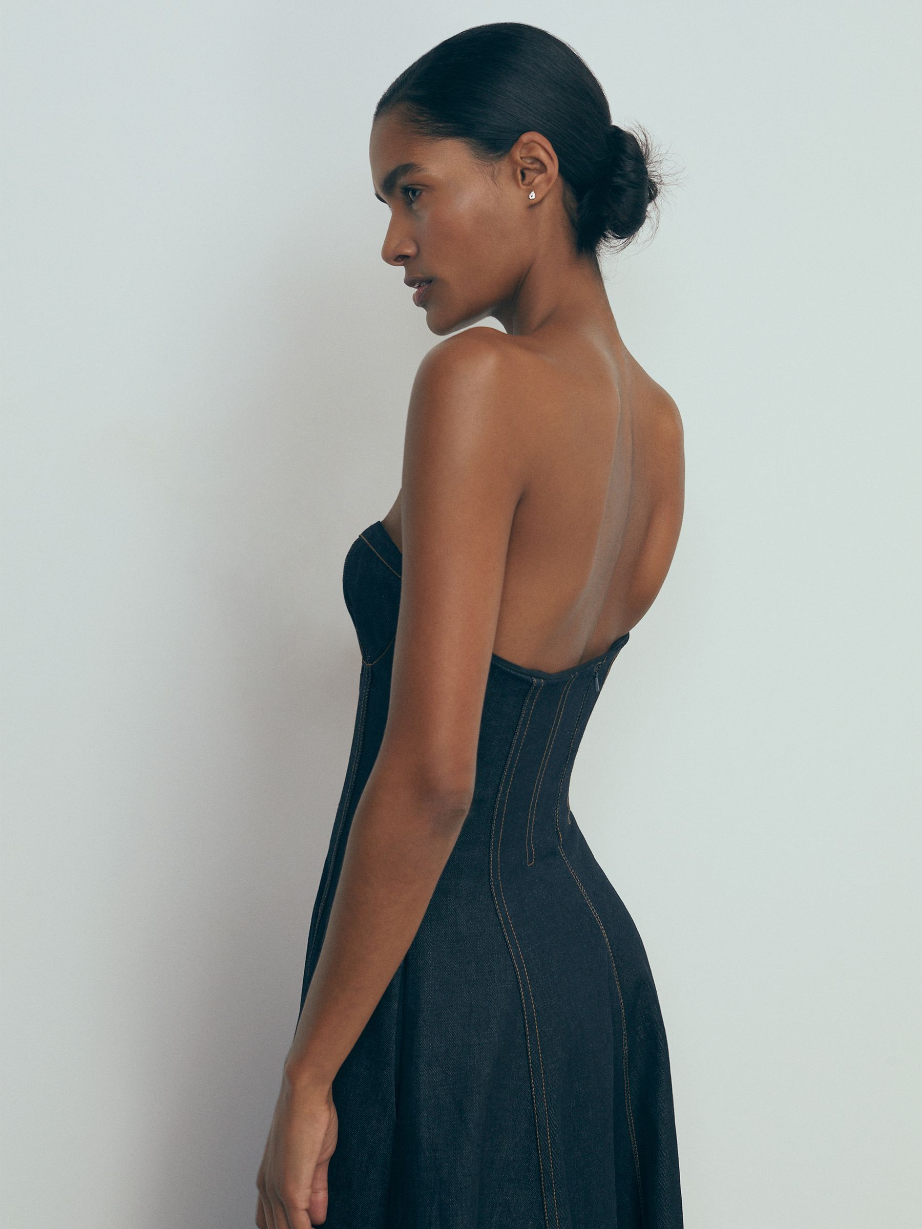 Strapless Structured Denim Midi Dress in Indigo Blue