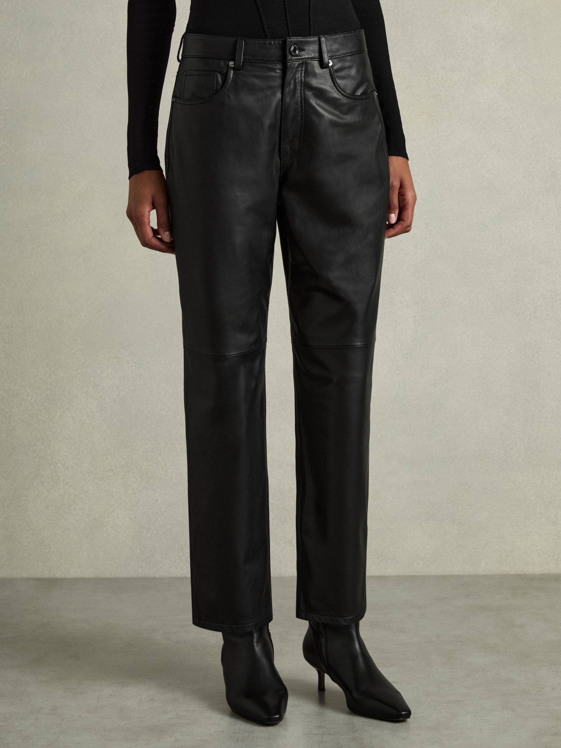 Petite Leather Slim-Leg Trousers in Chocolate