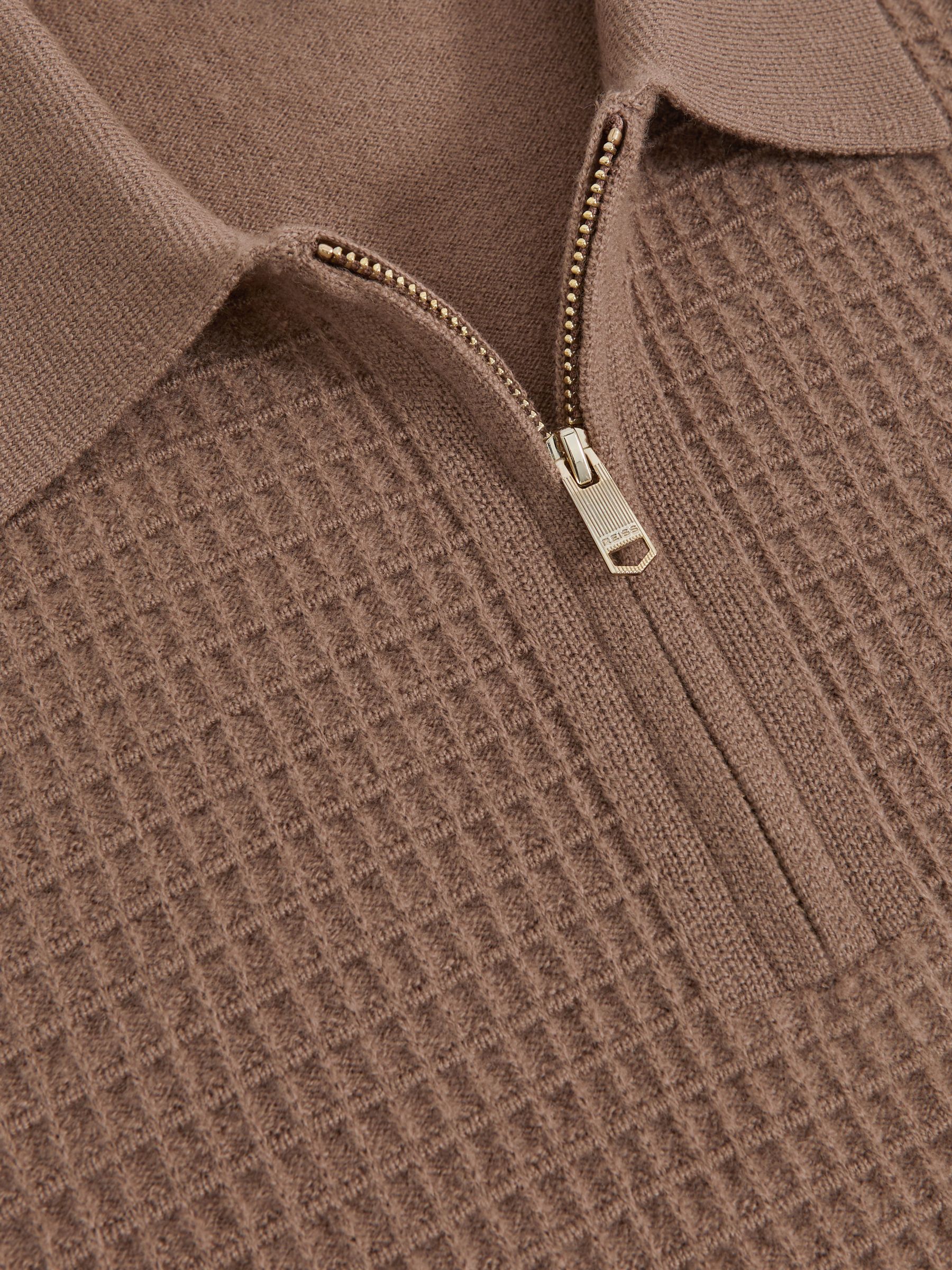 Wool Waffle-Knit Half-Zip Polo Shirt in Camel Brown