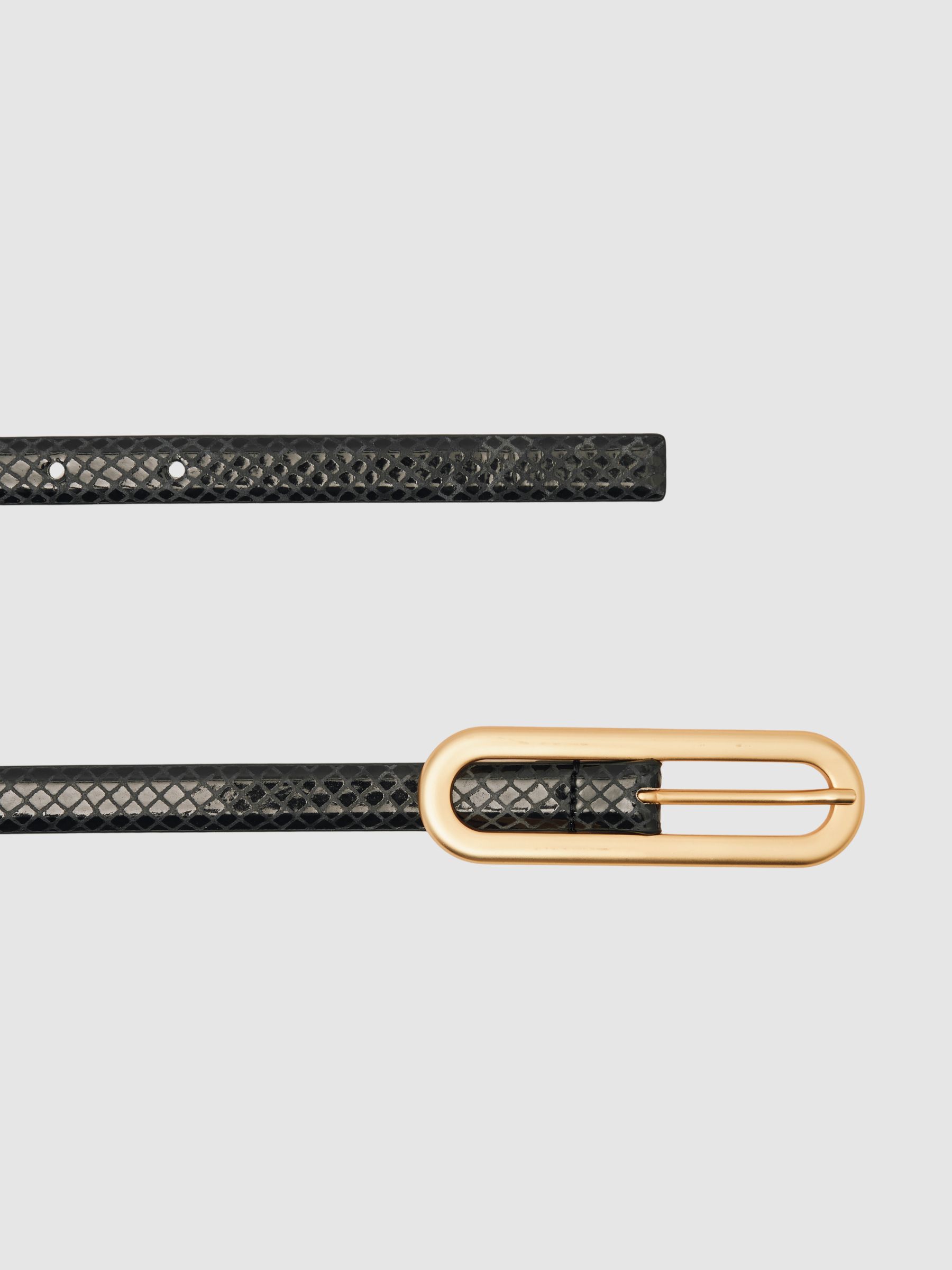 Thin Leather Elongated Buckle Belt in Black Snakeskin