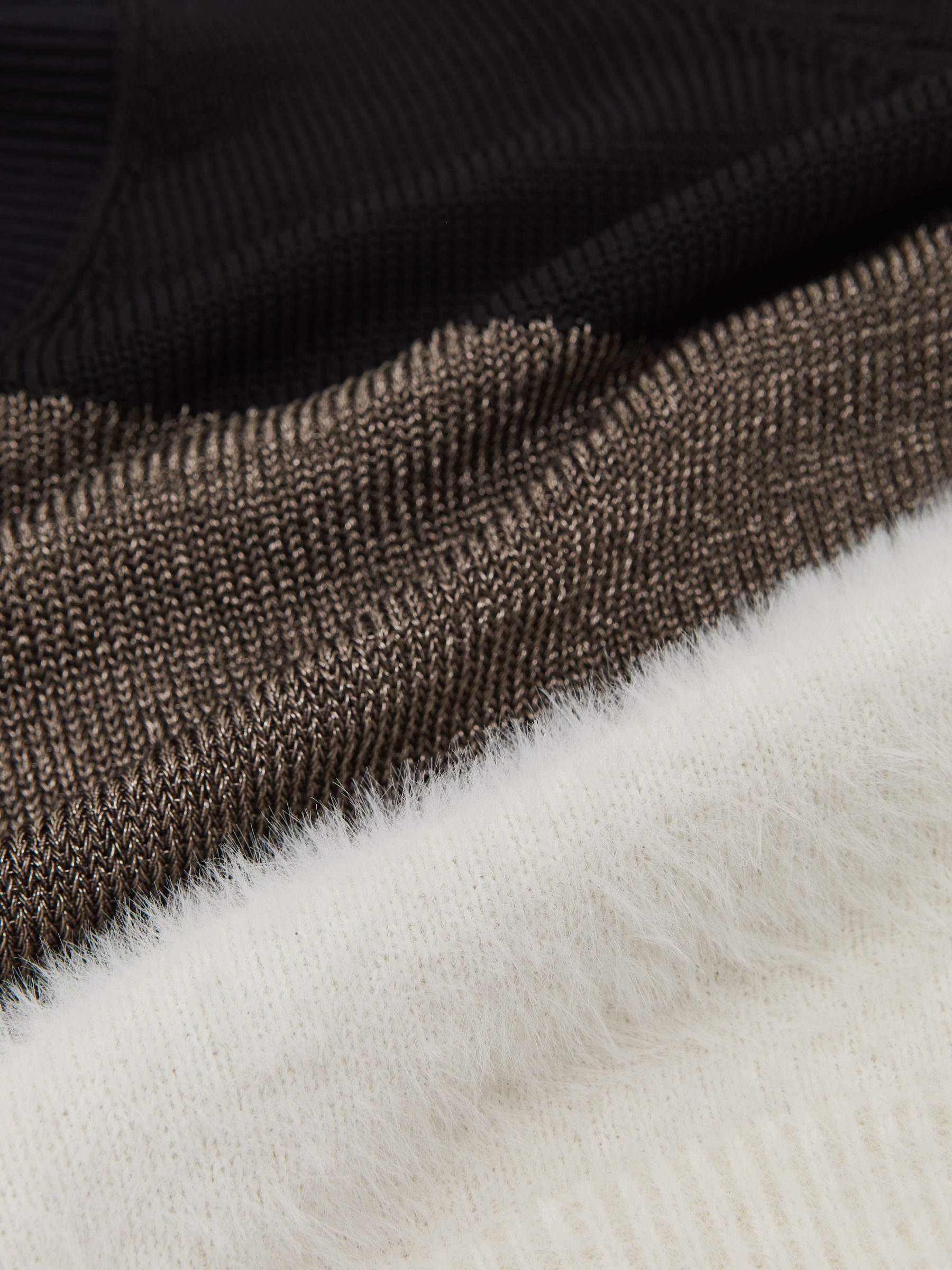 Metallic-Knit Panelled V-Neck Jumper in Black/White/Metallic