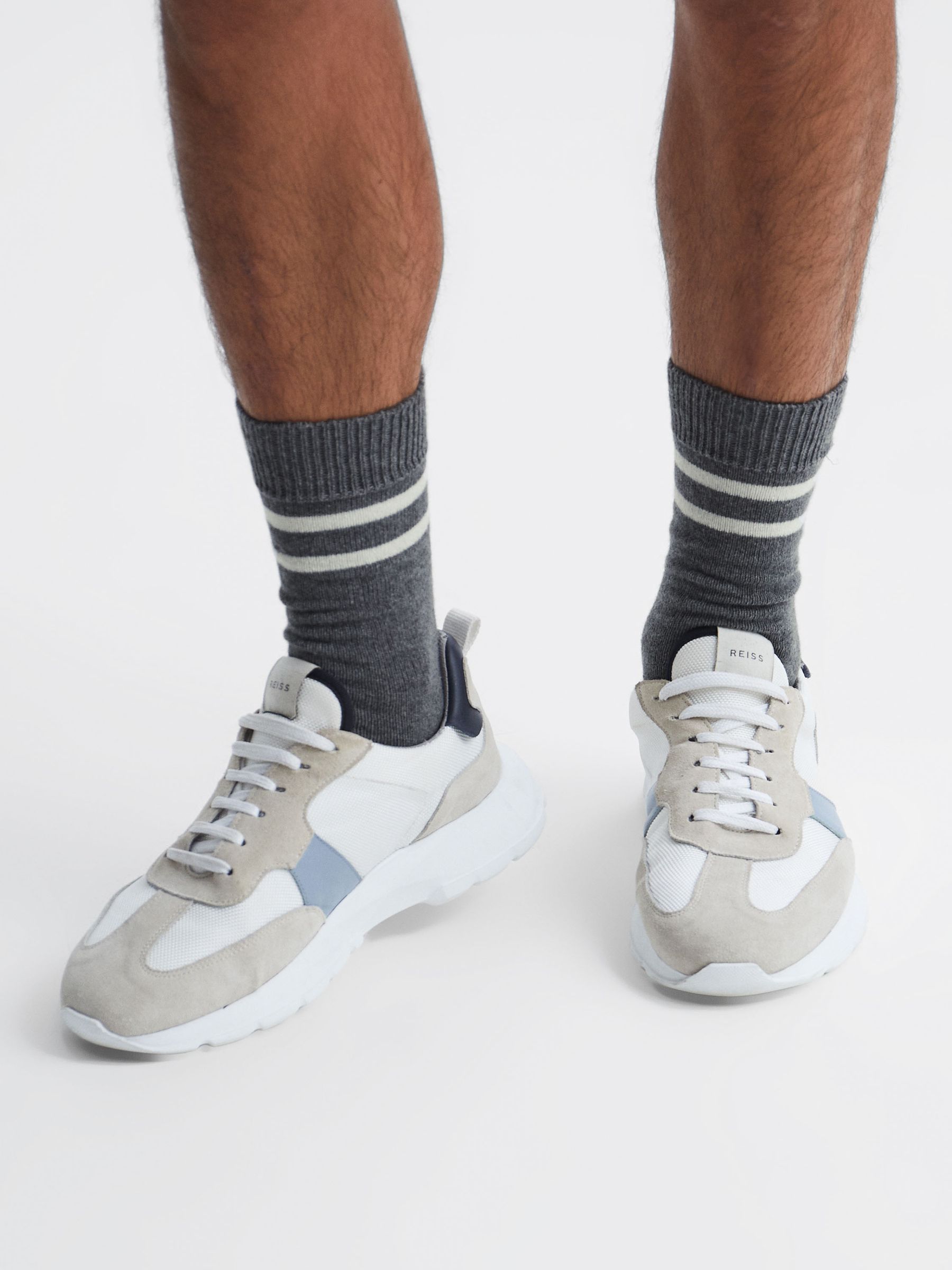 Wool Blend Striped Crew Socks in Grey Melange