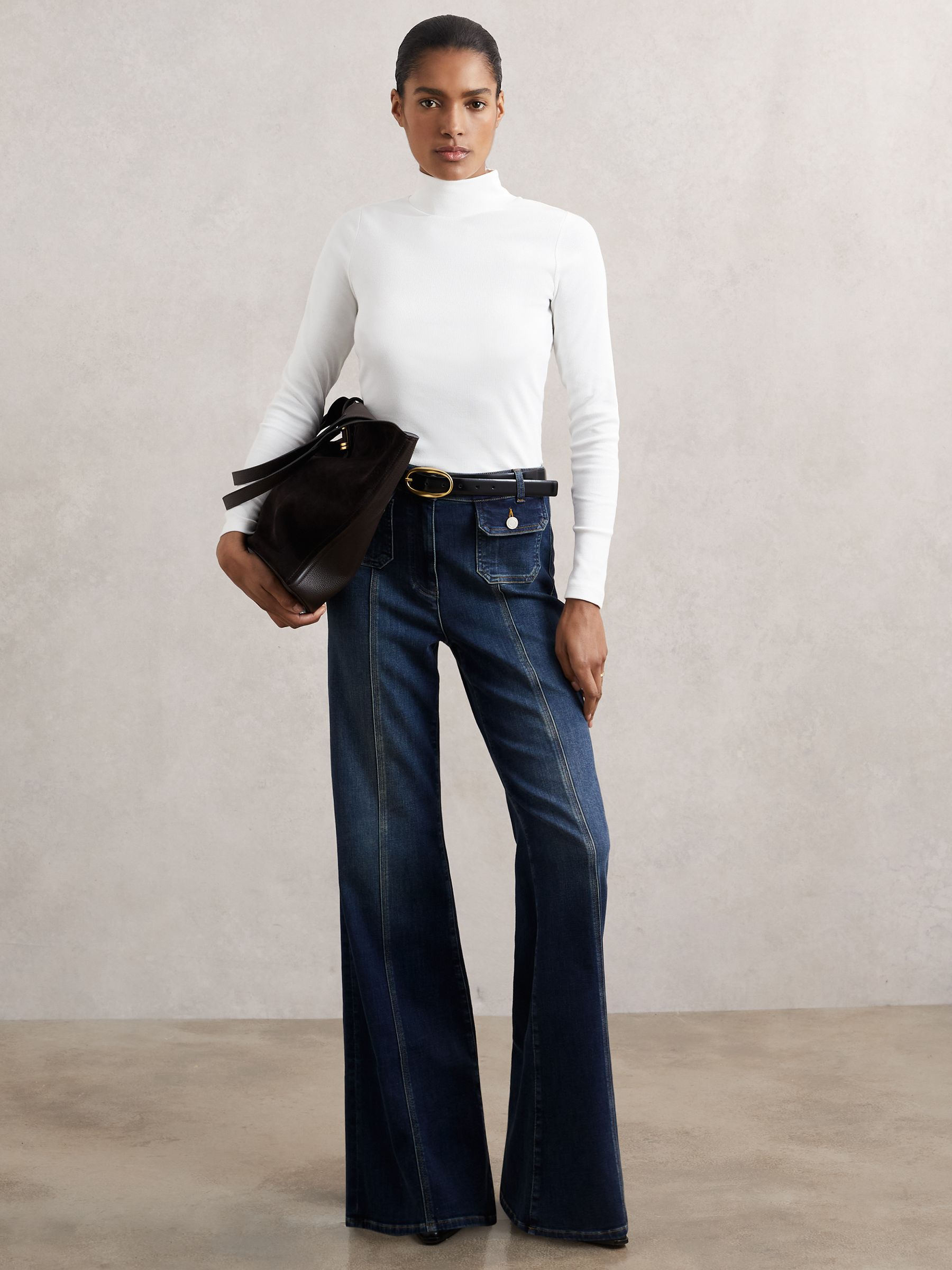 Stretch-Cotton Funnel-Neck Top in White