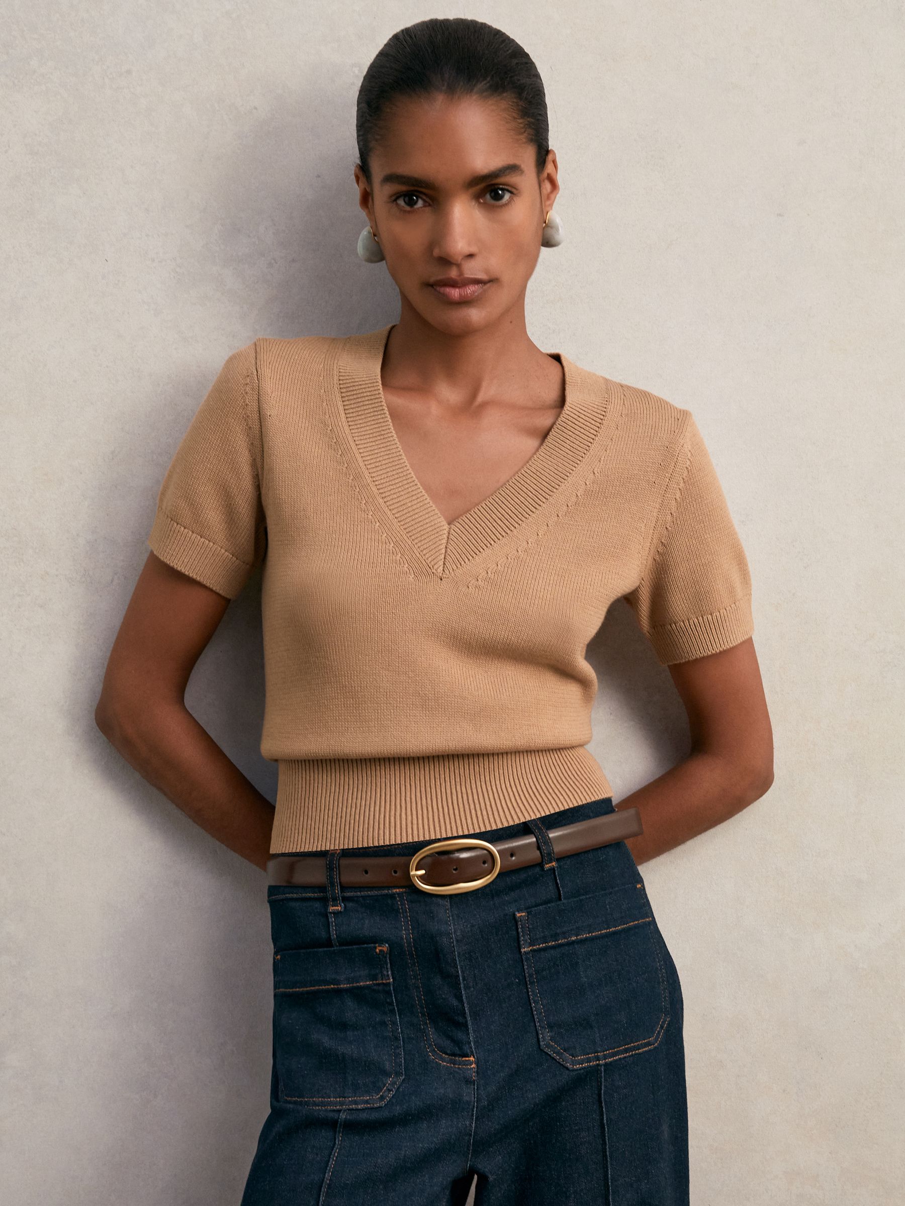Cotton-Wool Knit V-Neck Top in Ivory