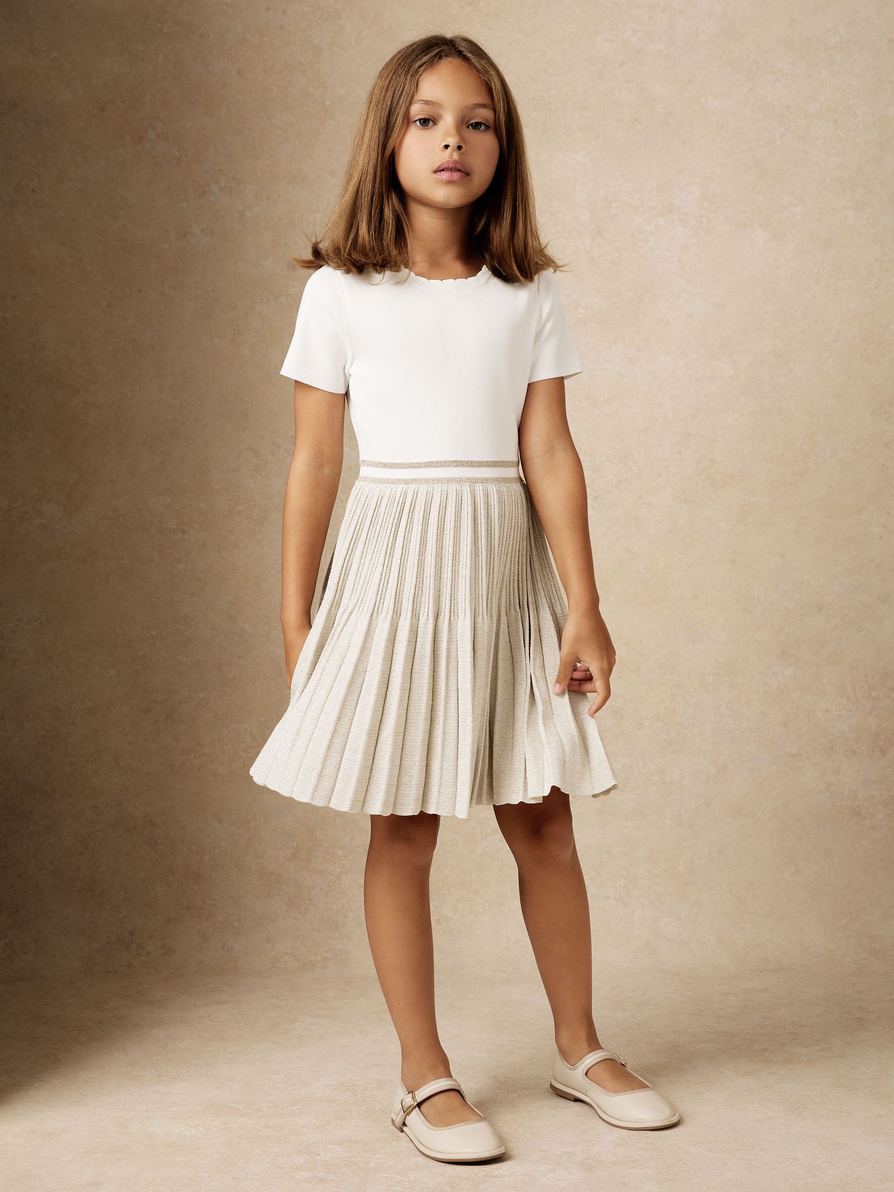 Metallic-Knit Pleated Dress in Ivory