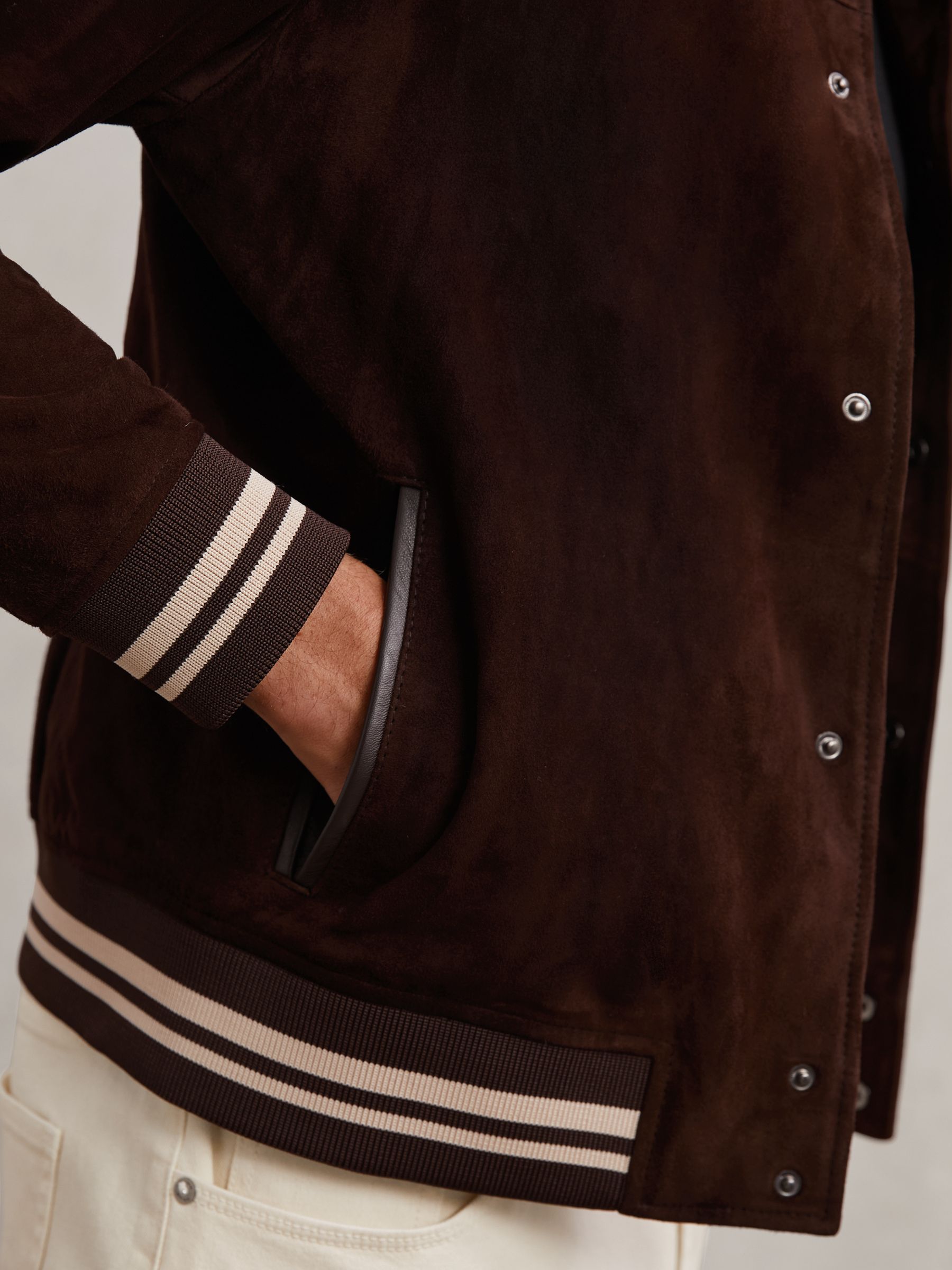 Suede Stripe-Trim Bomber Jacket in Chocolate Brown