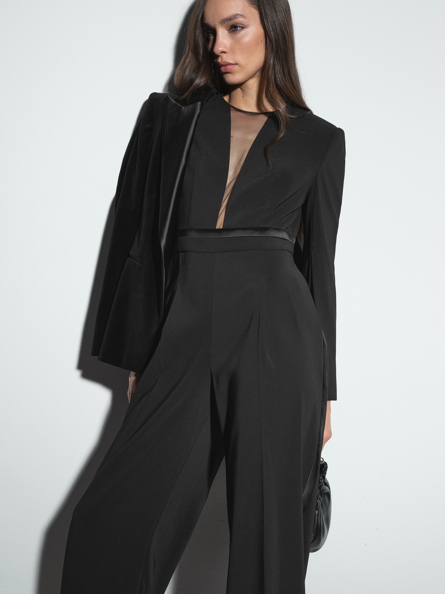 Plunge-Neck Split-Sleeve Jumpsuit in Black