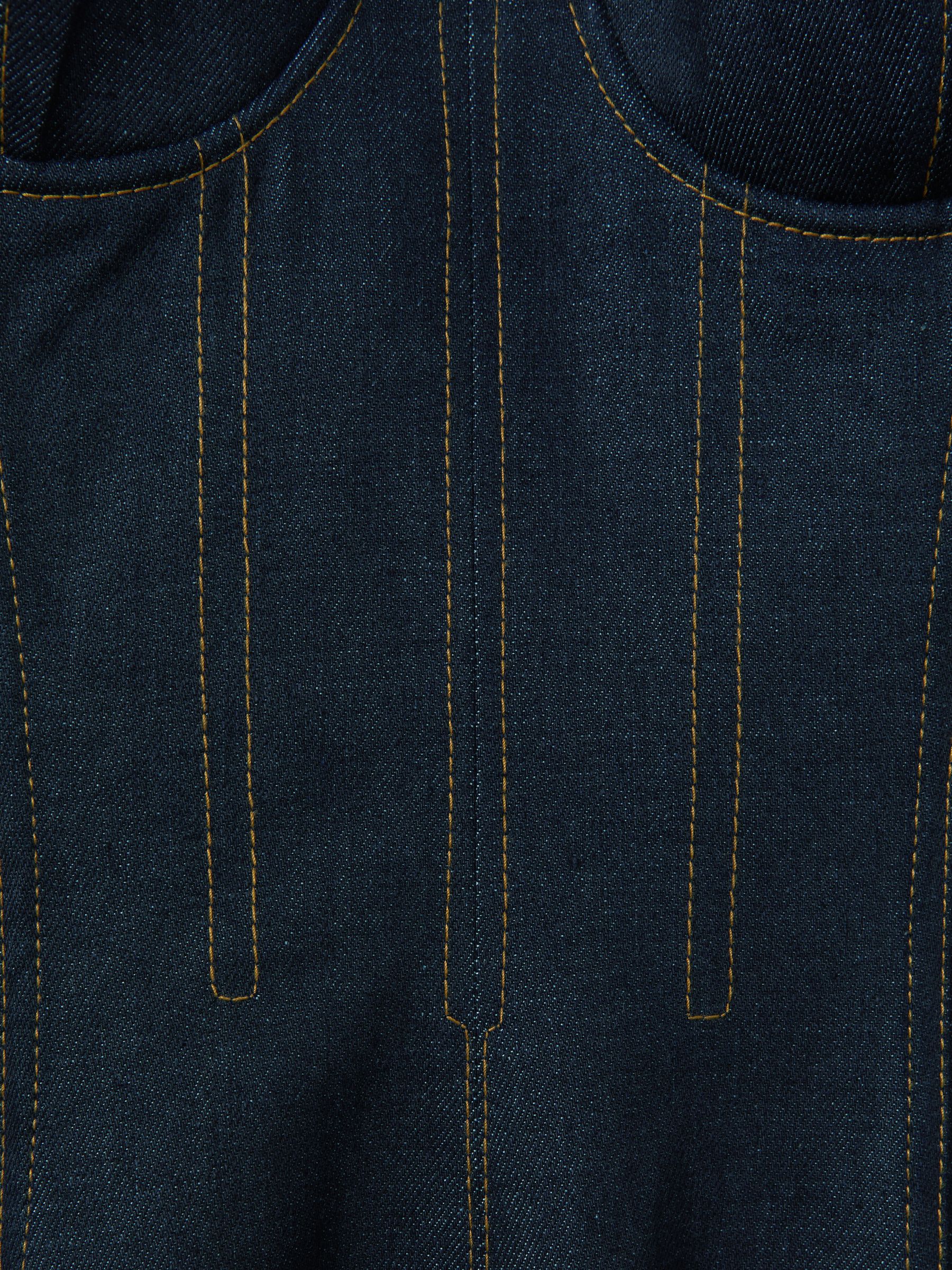 Strapless Structured Denim Midi Dress in Indigo Blue