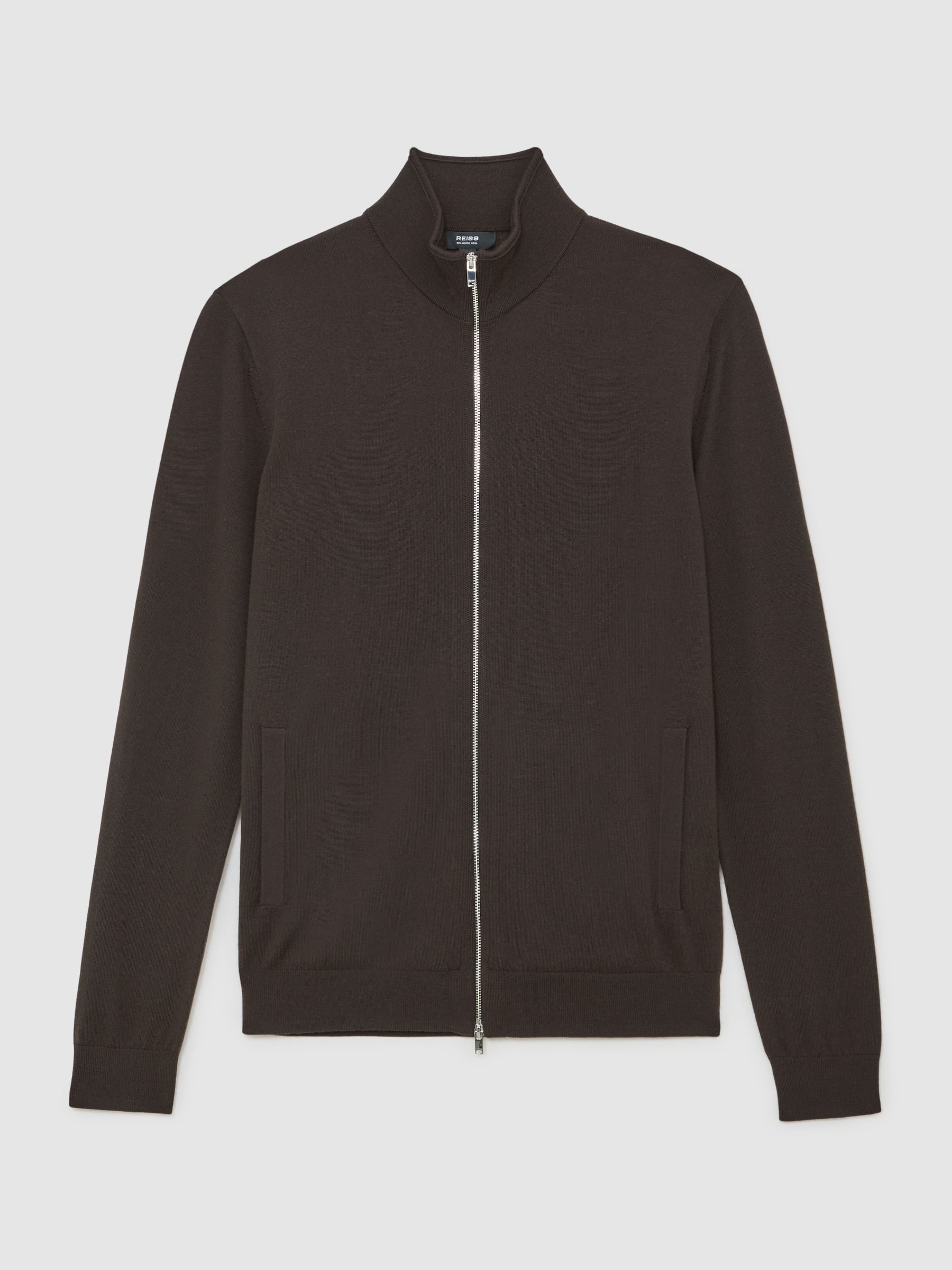 Merino Wool Zip-Through Cardigan in Chocolate Brown