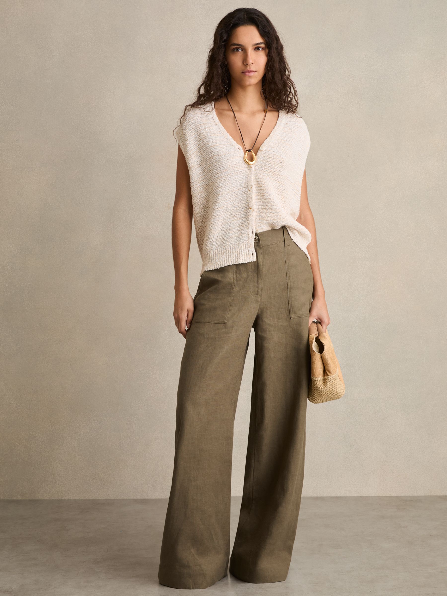 Linen Wide-Leg Trousers in Khaki
